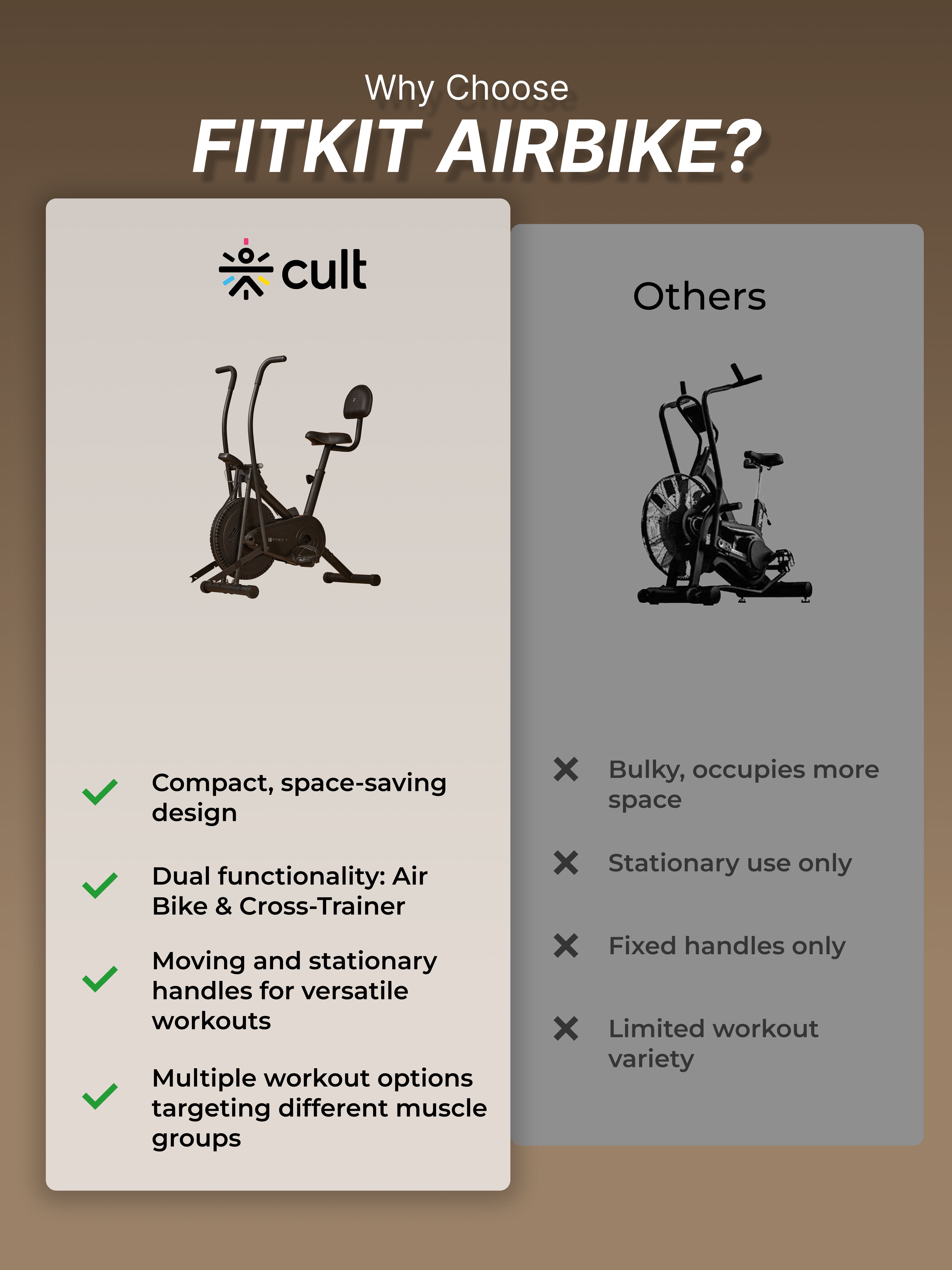 Fitkit Dual Action 2-in-1 Air Bike | Moving & Fixed Handles Exercise Cycle | Adjustable Seat & Anti-Slip Pedals | Direct Resistance | 120 kg Max Weight | Home Use Exercise Bike