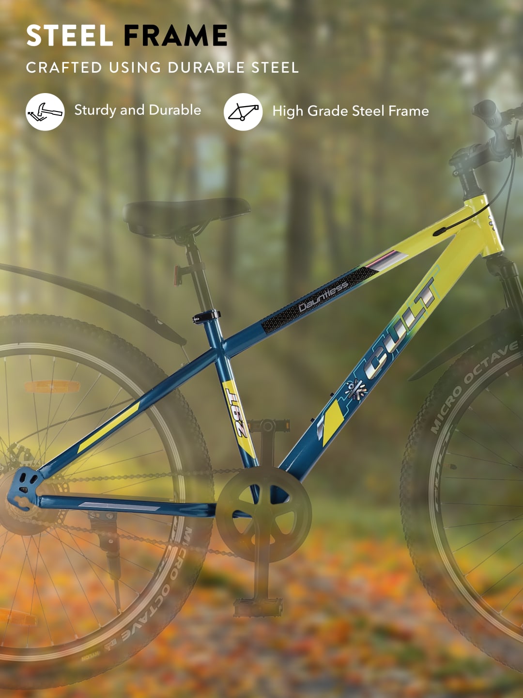 DAUNTLESS29TYELLOWBLUE Steel Single Speed 29 inch Mountain Cycle, Dual Disc Brake, Front Suspension, Double Wall Rim