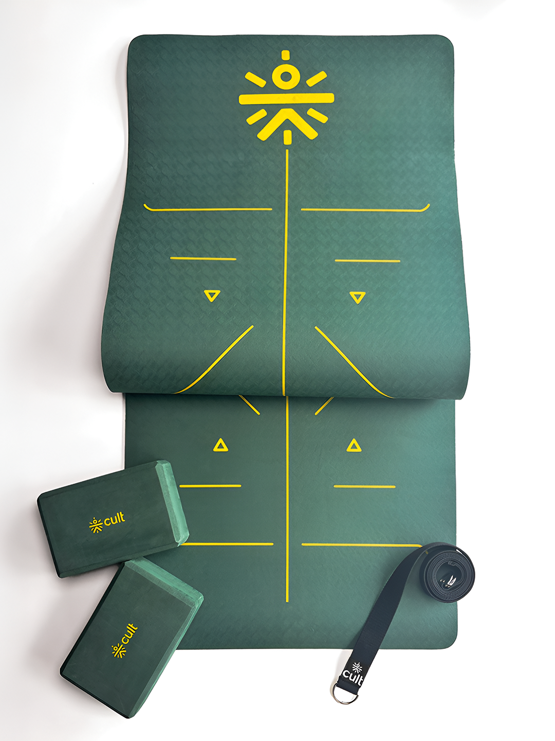 cult Mindful Movement Yoga Kit - Yoga Mat TPE 6mm Green Alignment ,Yoga Block Green Pair of 2 & Yoga Belt Black