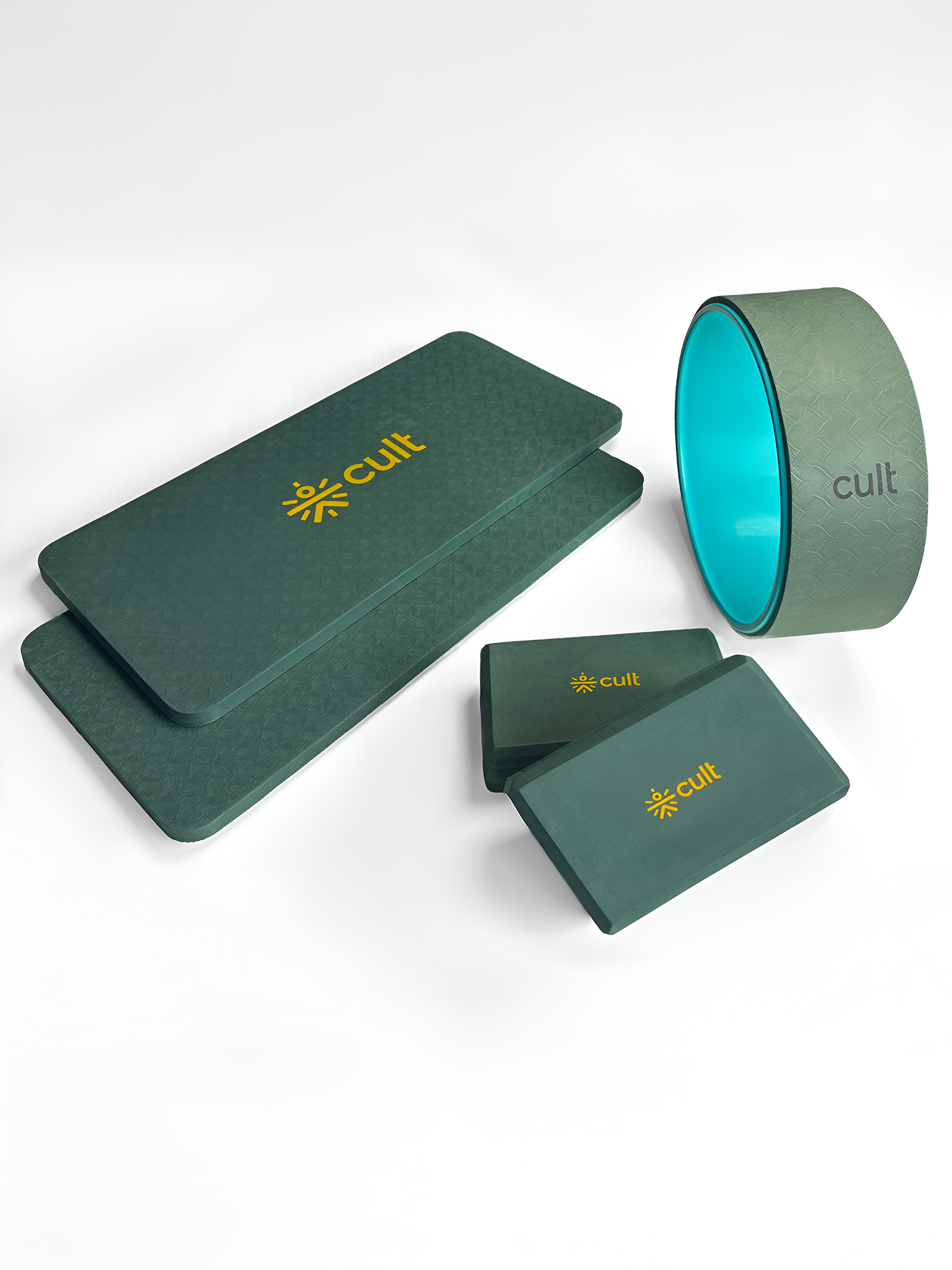 cult Mindful Movement Yoga Kit -Yoga Wheel Green,,Yoga Block Green Pair of 2 & Yoga Knee Pad Green