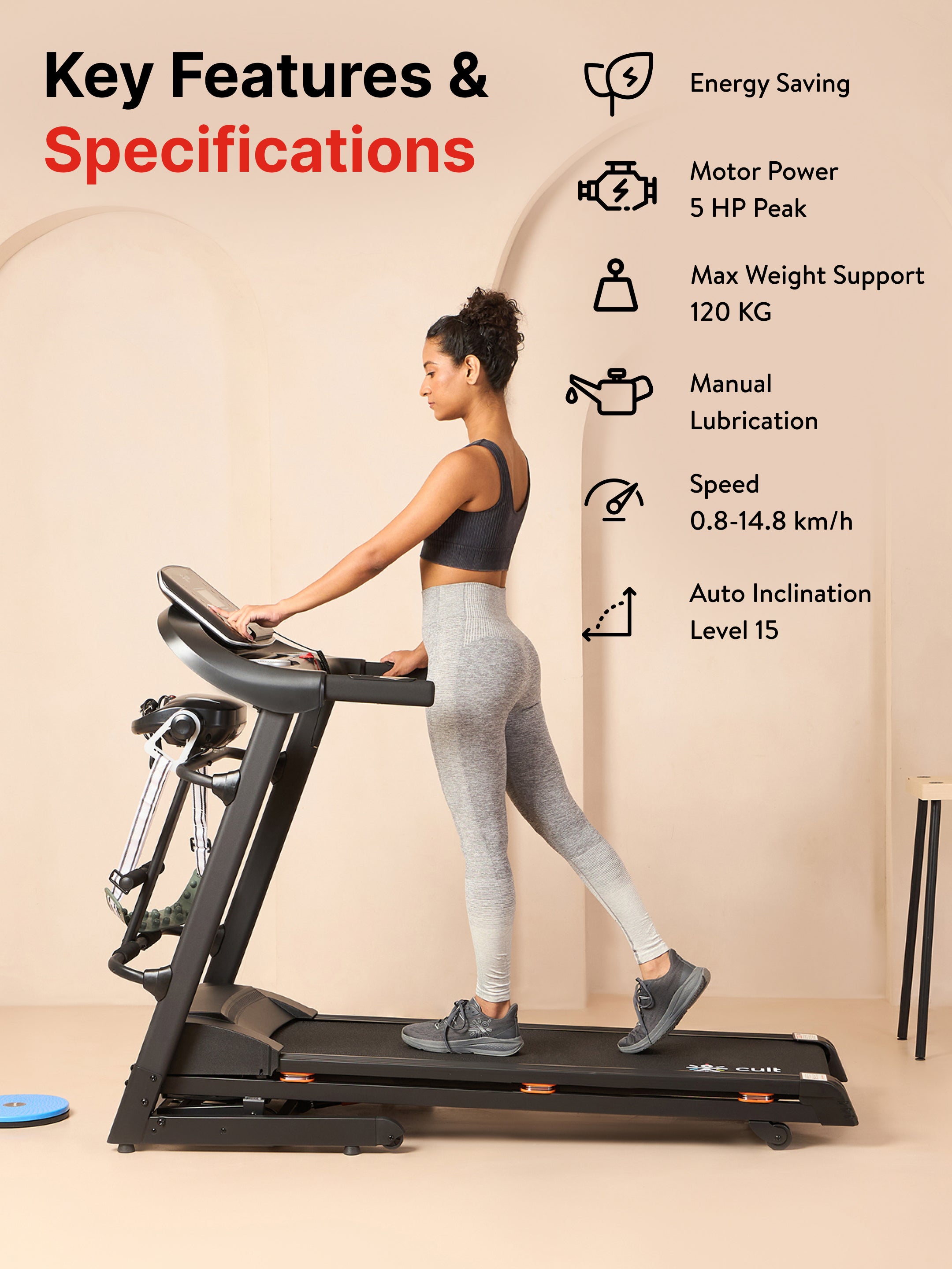 Cultrun 5 HP Peak Treadmill | 15-level Auto-Incline & Massager | Max Weight-120kg | Max Speed-14.8kmph (with 6 Months Extended Warranty)