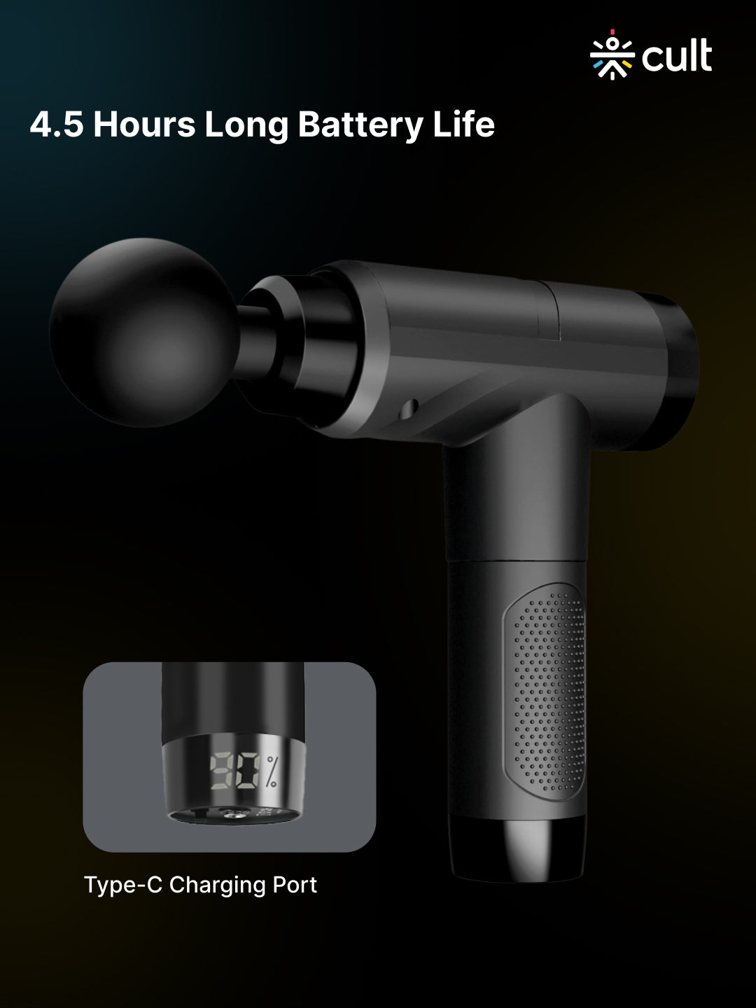 Cult Volt Pro, Full Body Professional Gun Massager, Upto 4.5 hour long battery, QuietMotion Tech, Deep Tissue Percussions, 4 Interchangeable heads, 6 Speed levels, Silicone head, Carry Pouch.