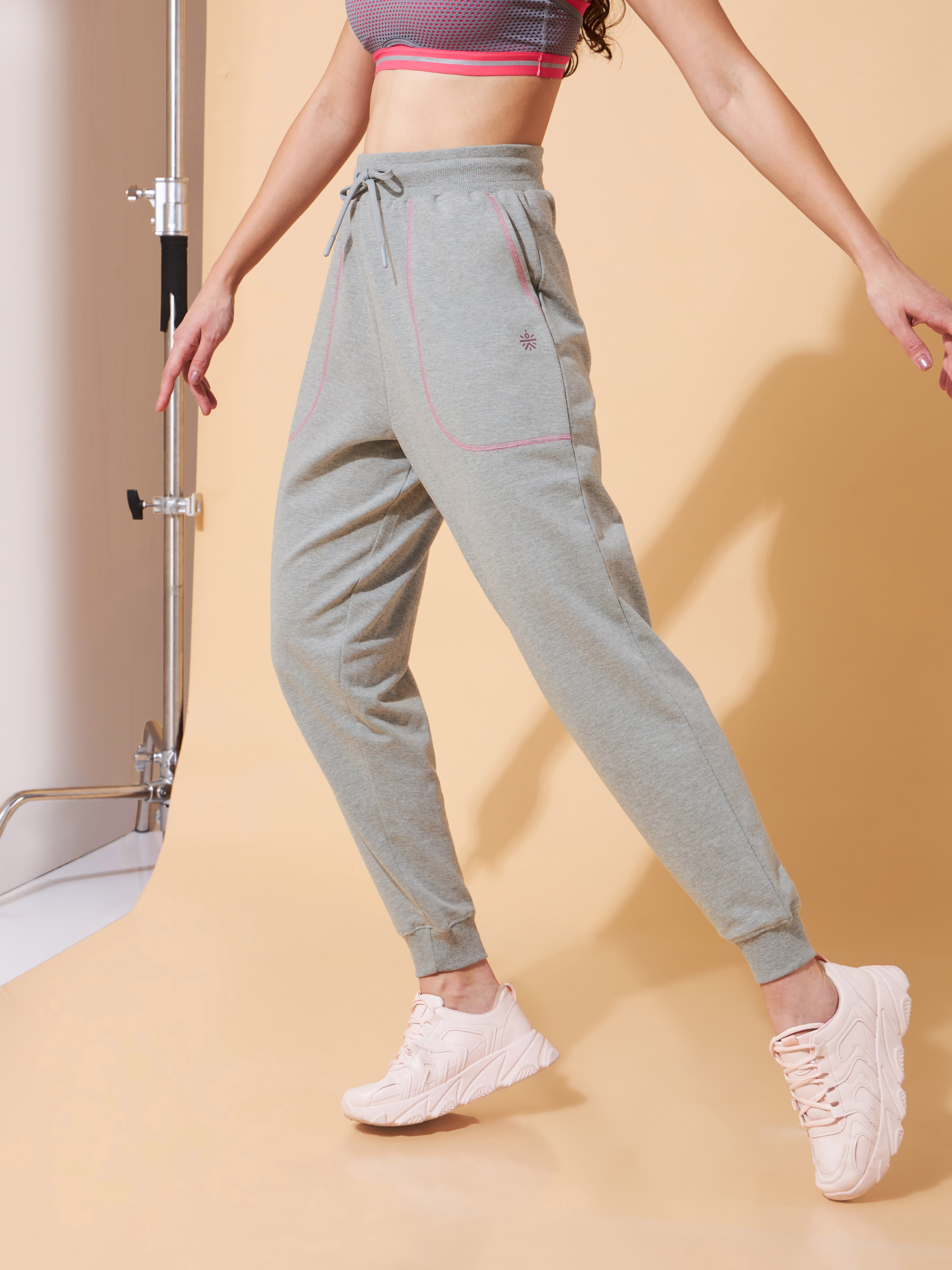 Women Grey Pop-up Thread Leisure Joggers