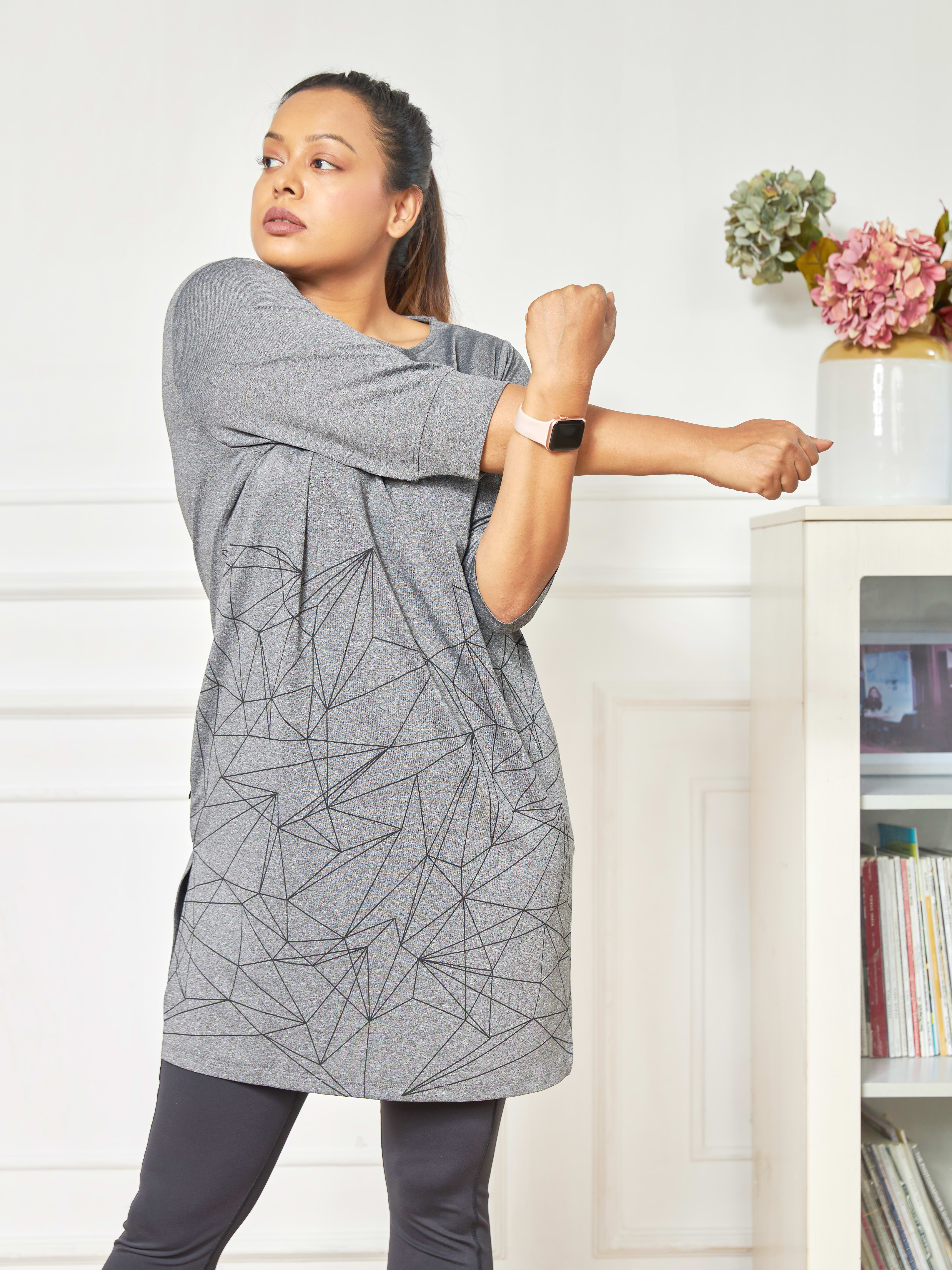 Printed Dark Grey Activ-Kurti with Side Pocket For Women