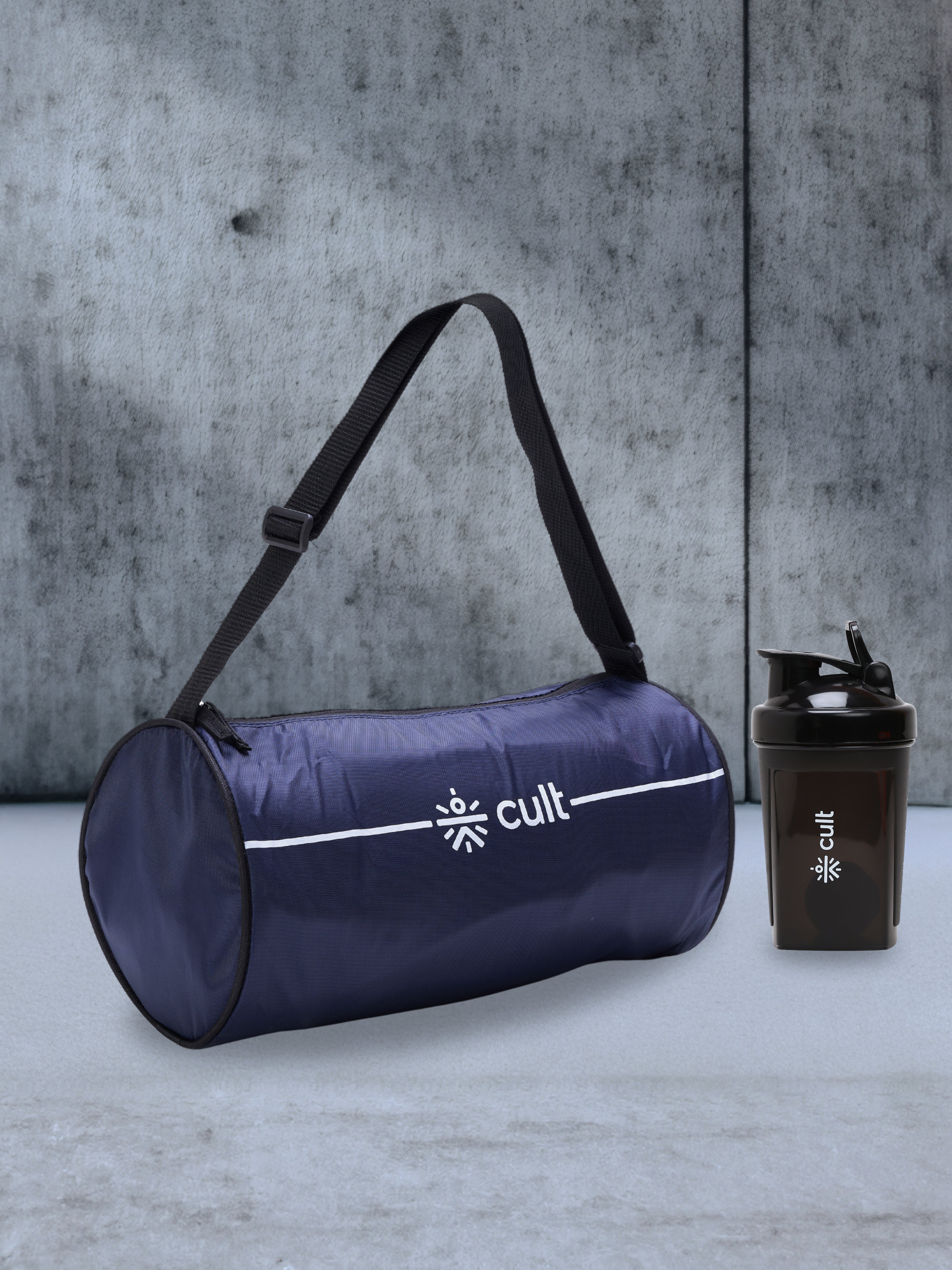 Compact 12L Gym Bag with Shoulder Strap Blue & 500ml Shaker Bottle with Mixer Ball Black