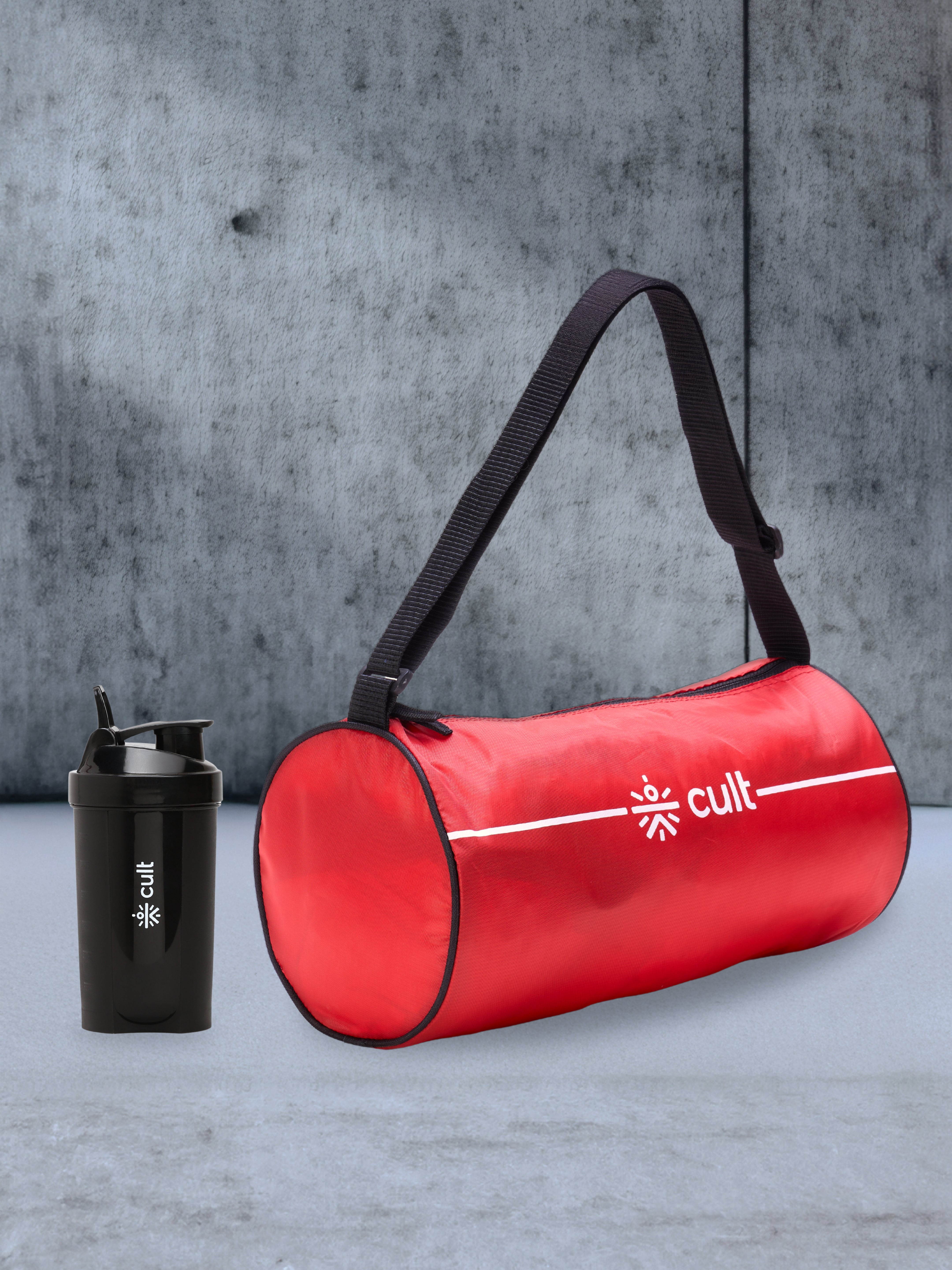Compact 12L Gym Bag with Shoulder Strap Red & 600ml Shaker Bottle with Mixer Ball Black