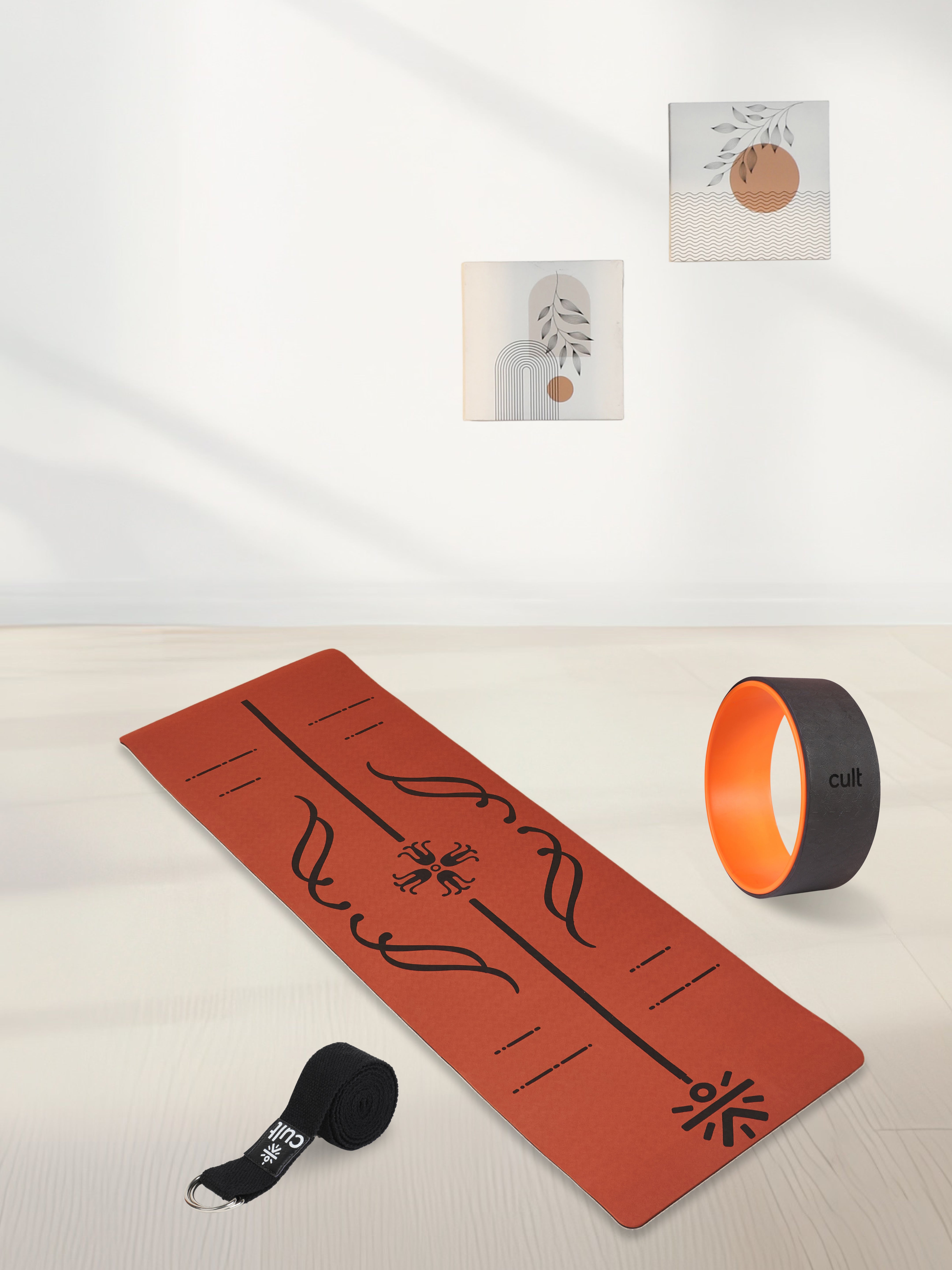 TPE Alignment 8mm Yoga Mat Brick with Carry Bag & Yoga Wheel Dark Grey & Yoga Belt Black