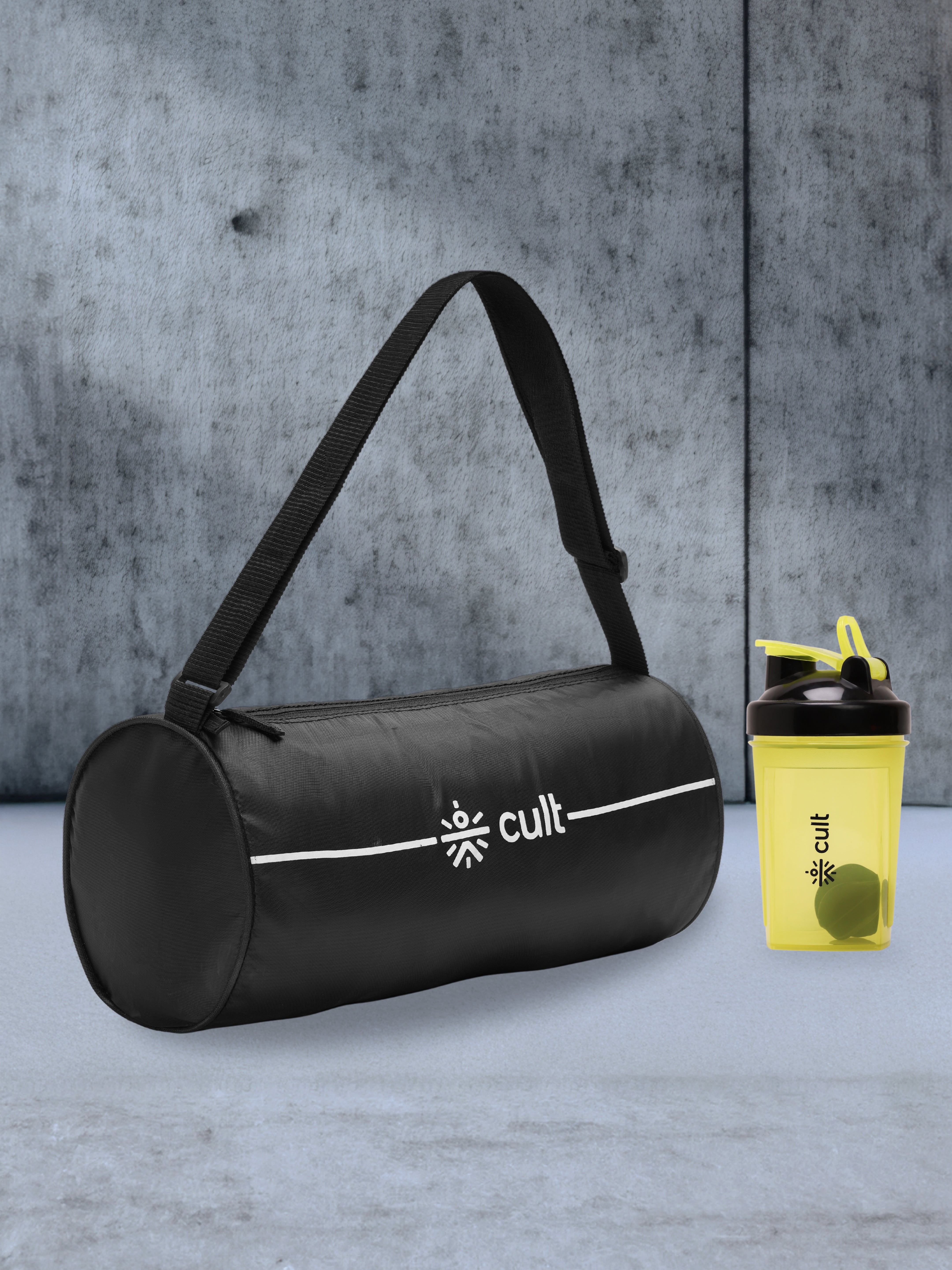 Compact 12L Gym Bag with Shoulder Strap Black & 500ml Shaker Bottle with Mixer Ball Yellow