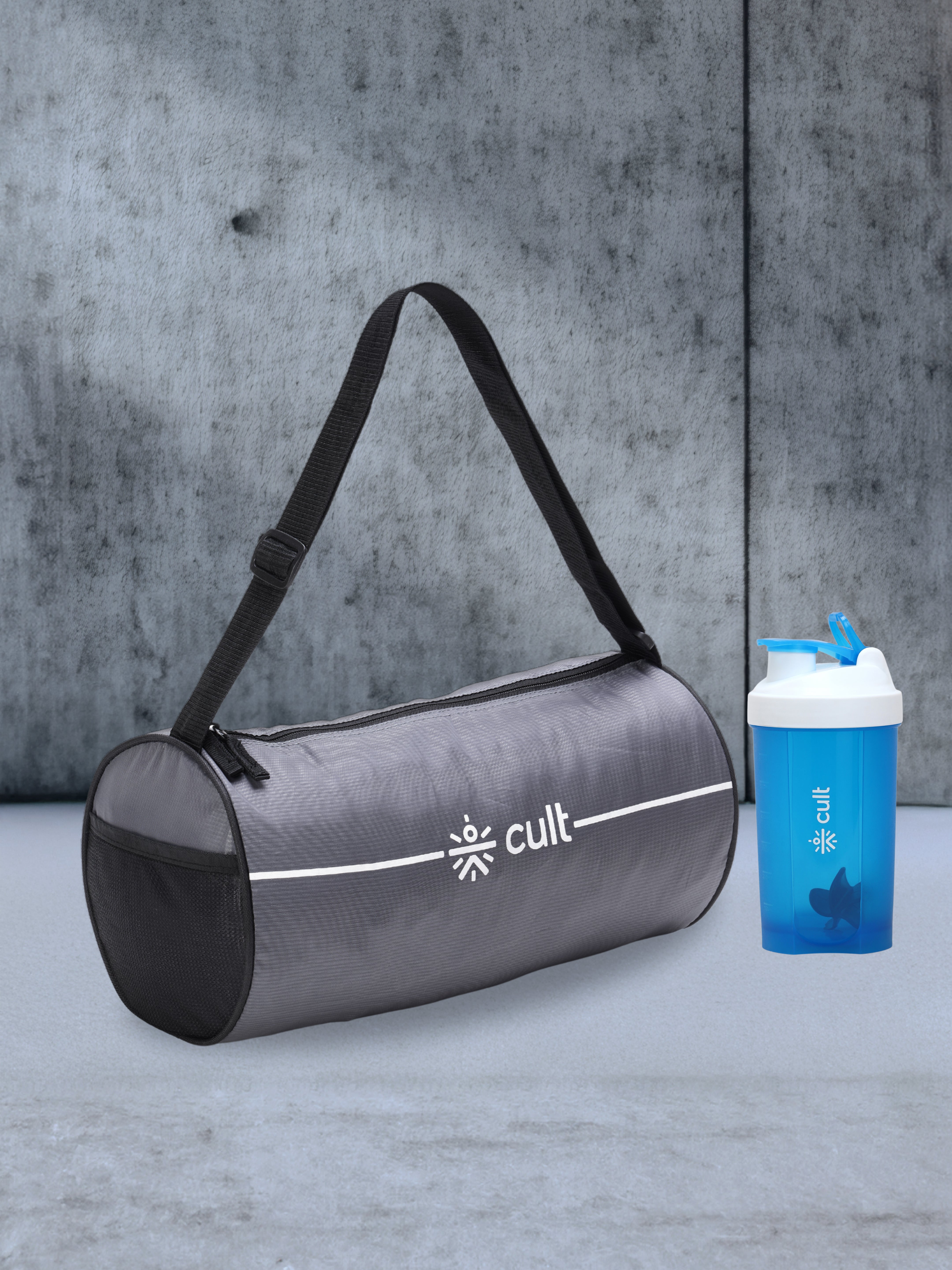 Compact 12L Gym Bag with Shoulder Strap Grey & 600ml Shaker Bottle with Mixer Ball Blue