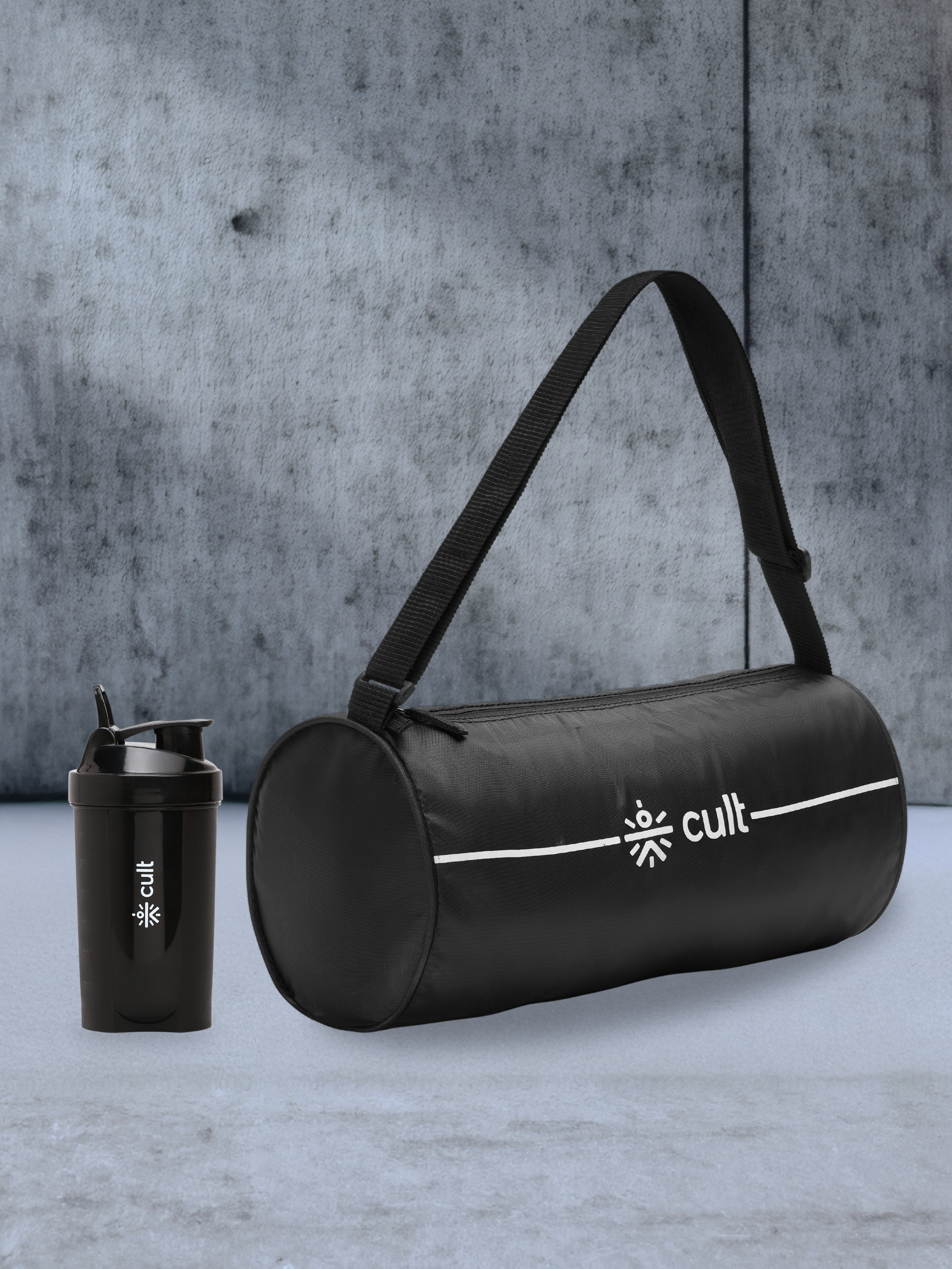 Compact 12L Gym Bag with Shoulder Strap & 600ml Shaker Bottle with Mixer Ball – Black