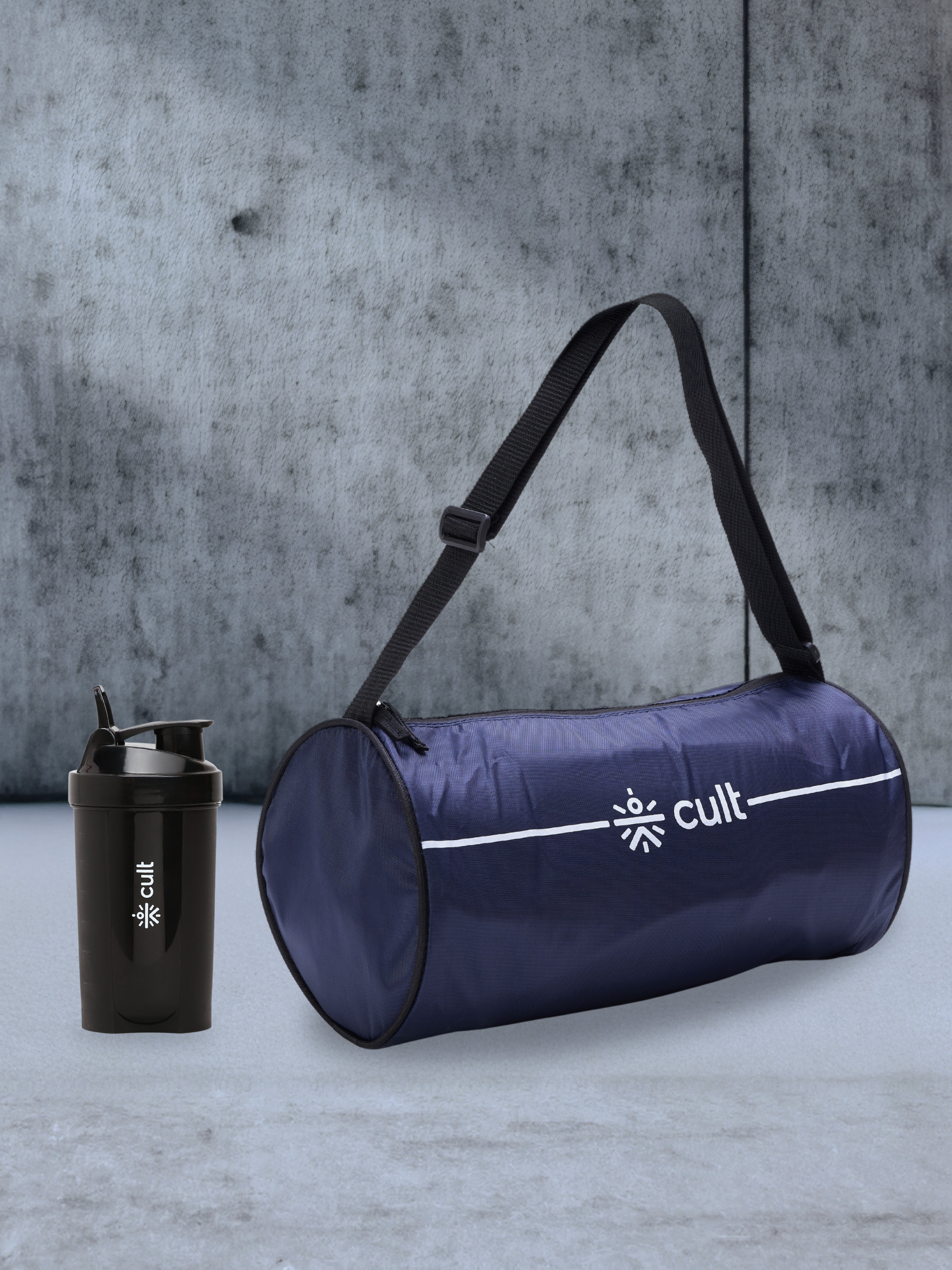 Compact 12L Gym Bag with Shoulder Strap Blue & 600ml Shaker Bottle with Mixer Ball Black