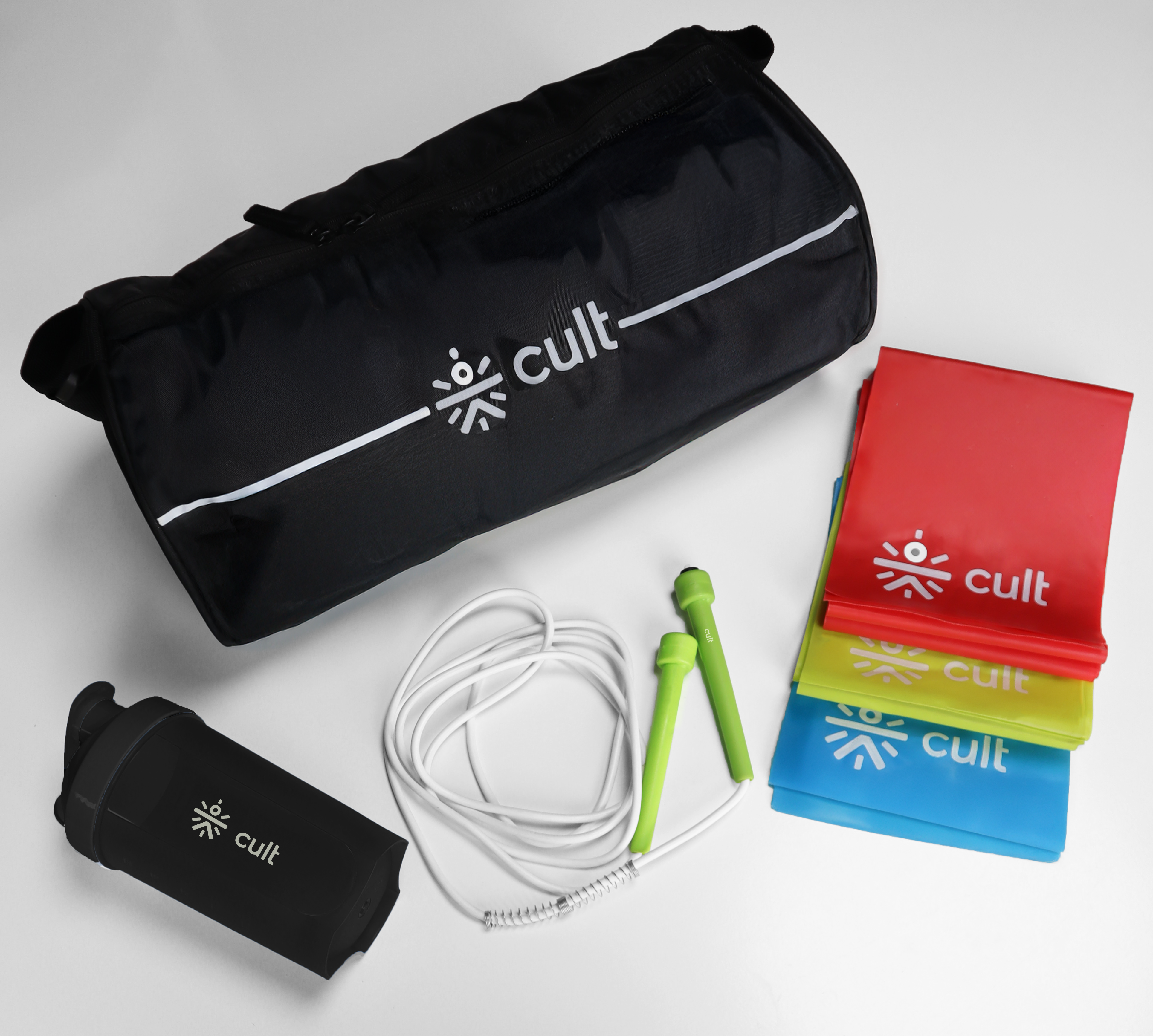 Cult Fitness Starter Combo (Set of Pilates Band + Green Skipping Rope + Black 500 ml Shaker + 12L Black Duffle Bag)