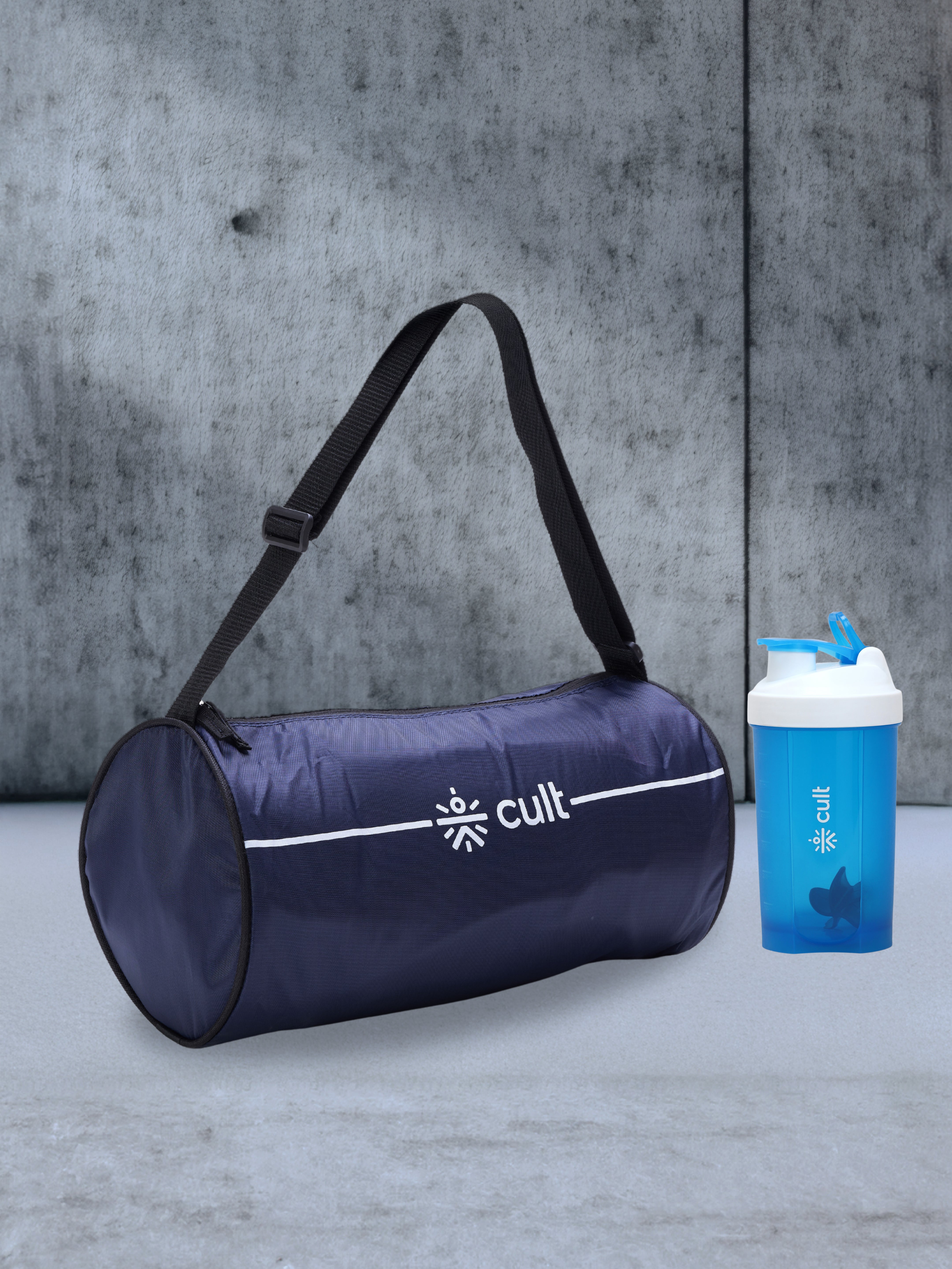 Compact 12L Gym Bag with Shoulder Strap Blue & 600ml Shaker Bottle with Mixer Ball Blue