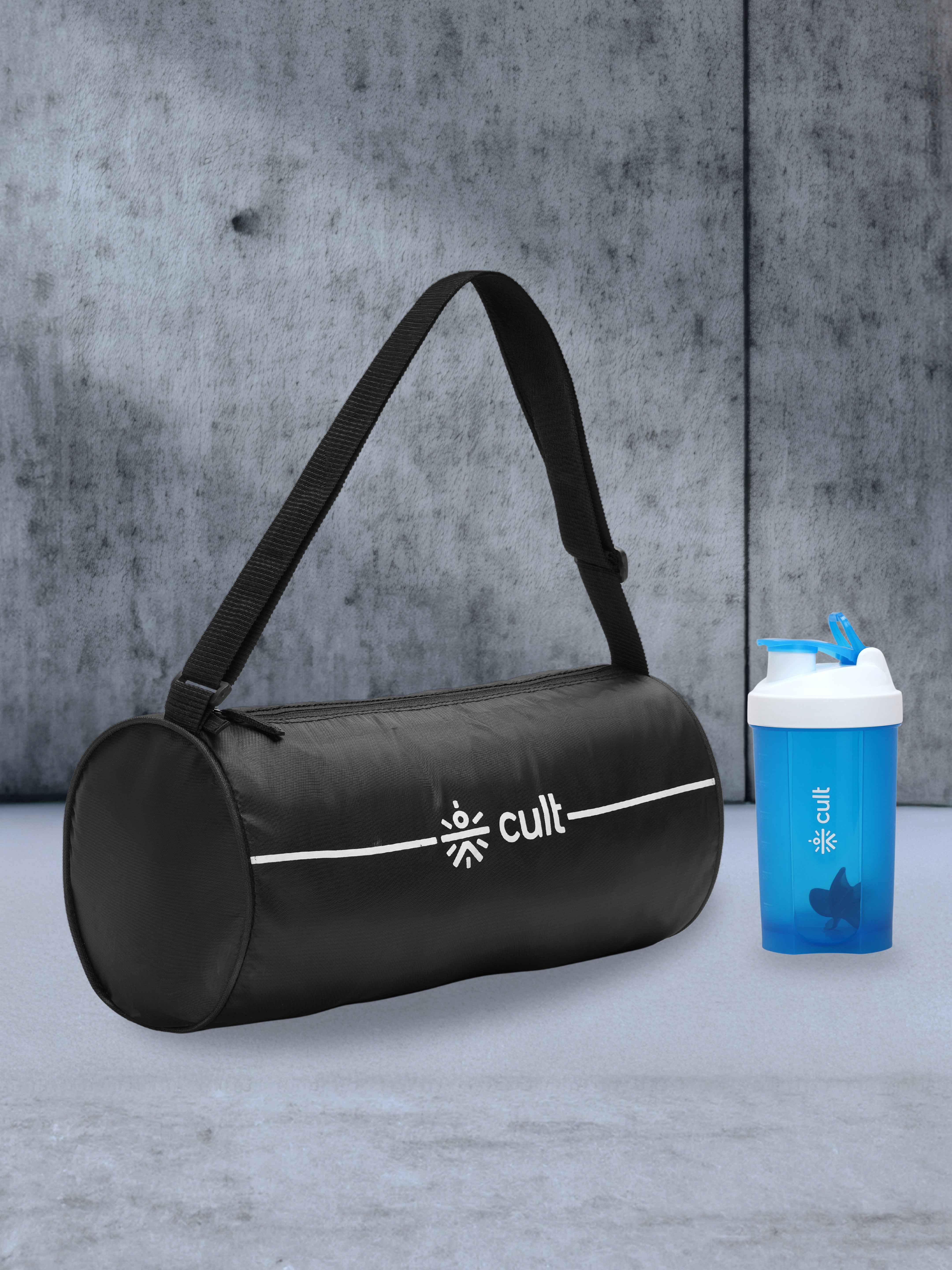 Compact 12L Gym Bag with Shoulder Strap Black & 600ml Shaker Bottle with Mixer Ball Blue