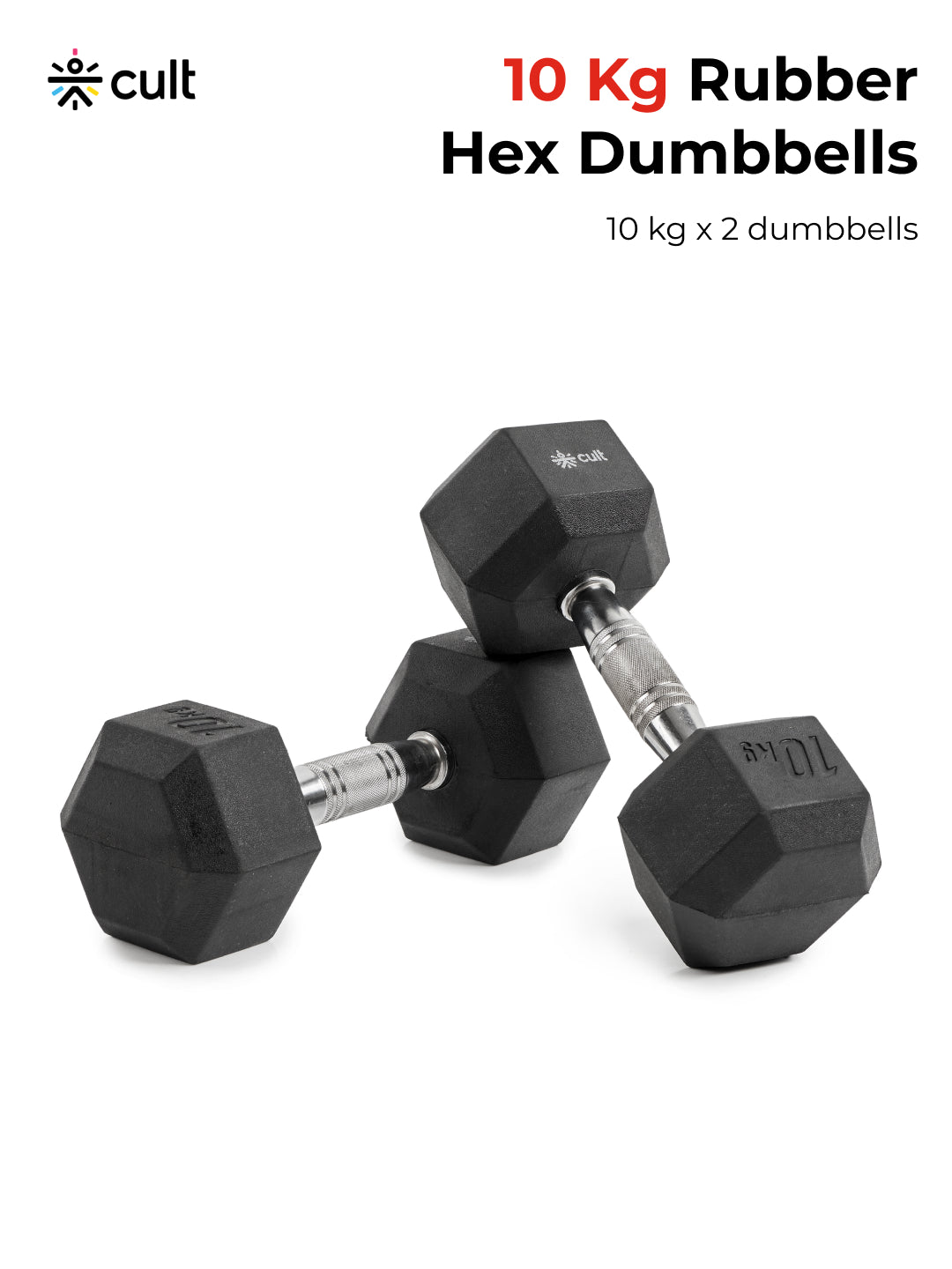 Cult 10Kg Hex Dumbbells For Home & Gym Exercises, Set of 2, (Black)