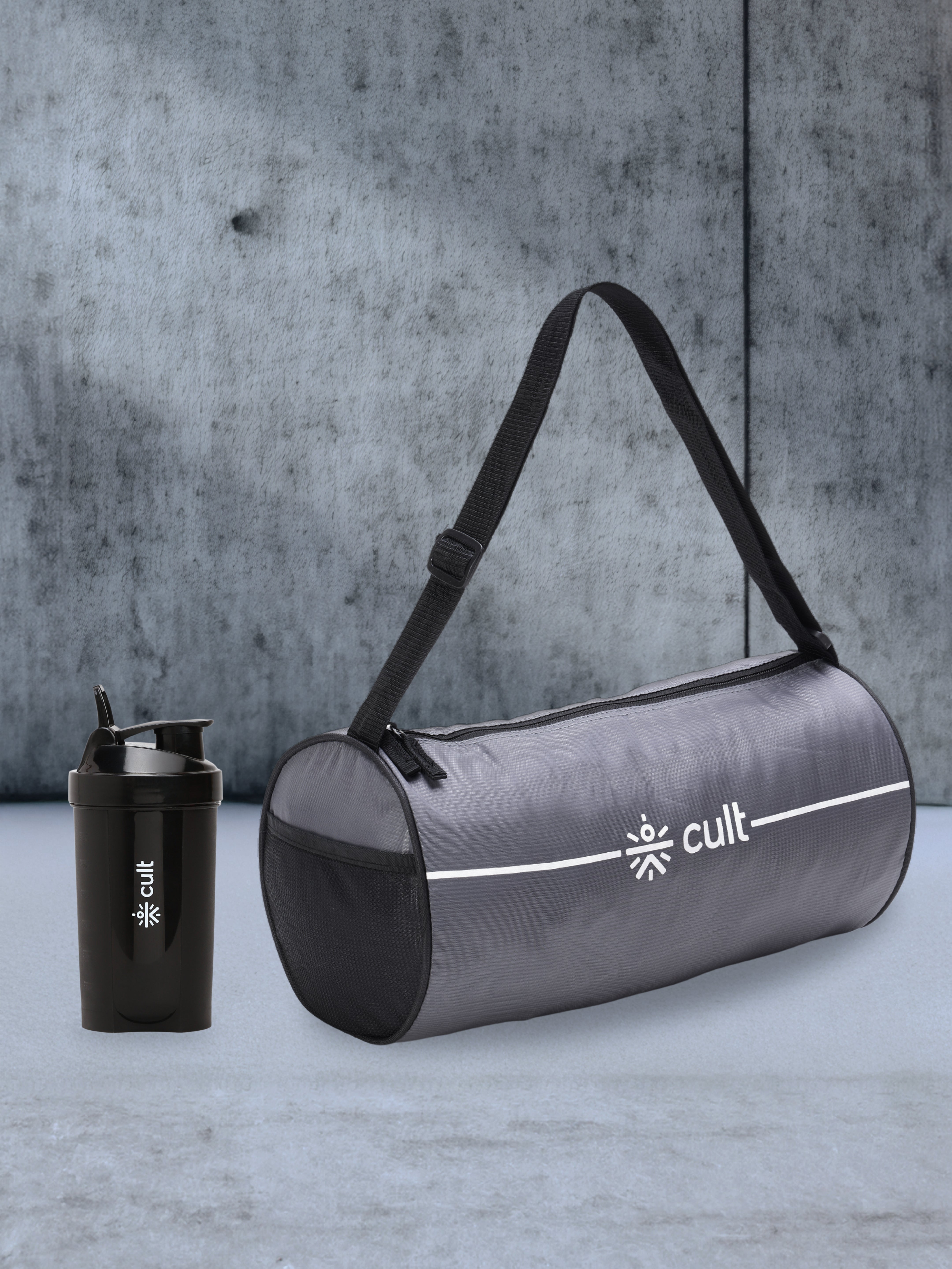 Compact 12L Gym Bag with Shoulder Strap Grey & 600ml Shaker Bottle with Mixer Ball Black