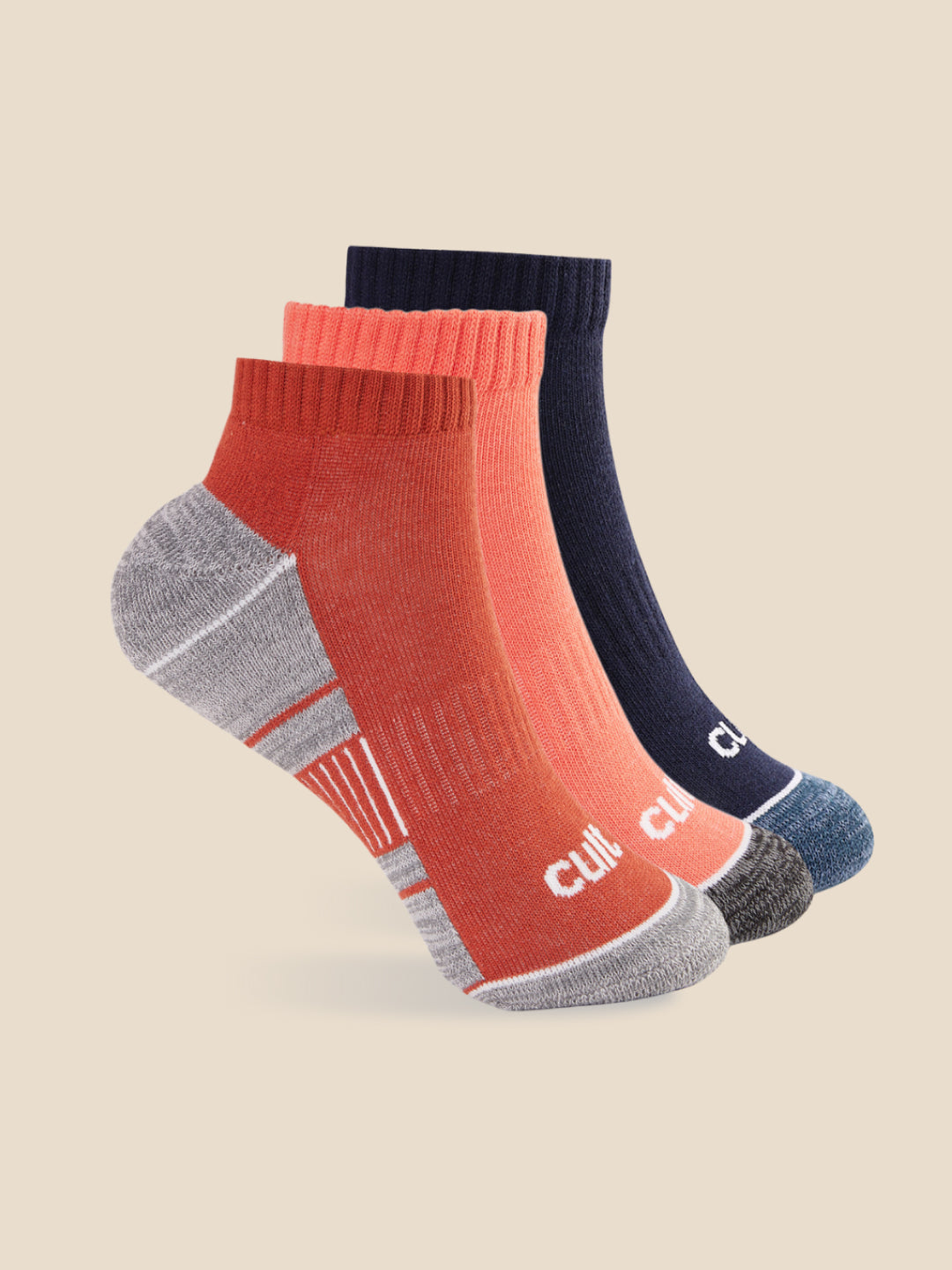 Sports Ankle Length Pack of 3 Rust,Coral & Navy Patterned Women's Socks