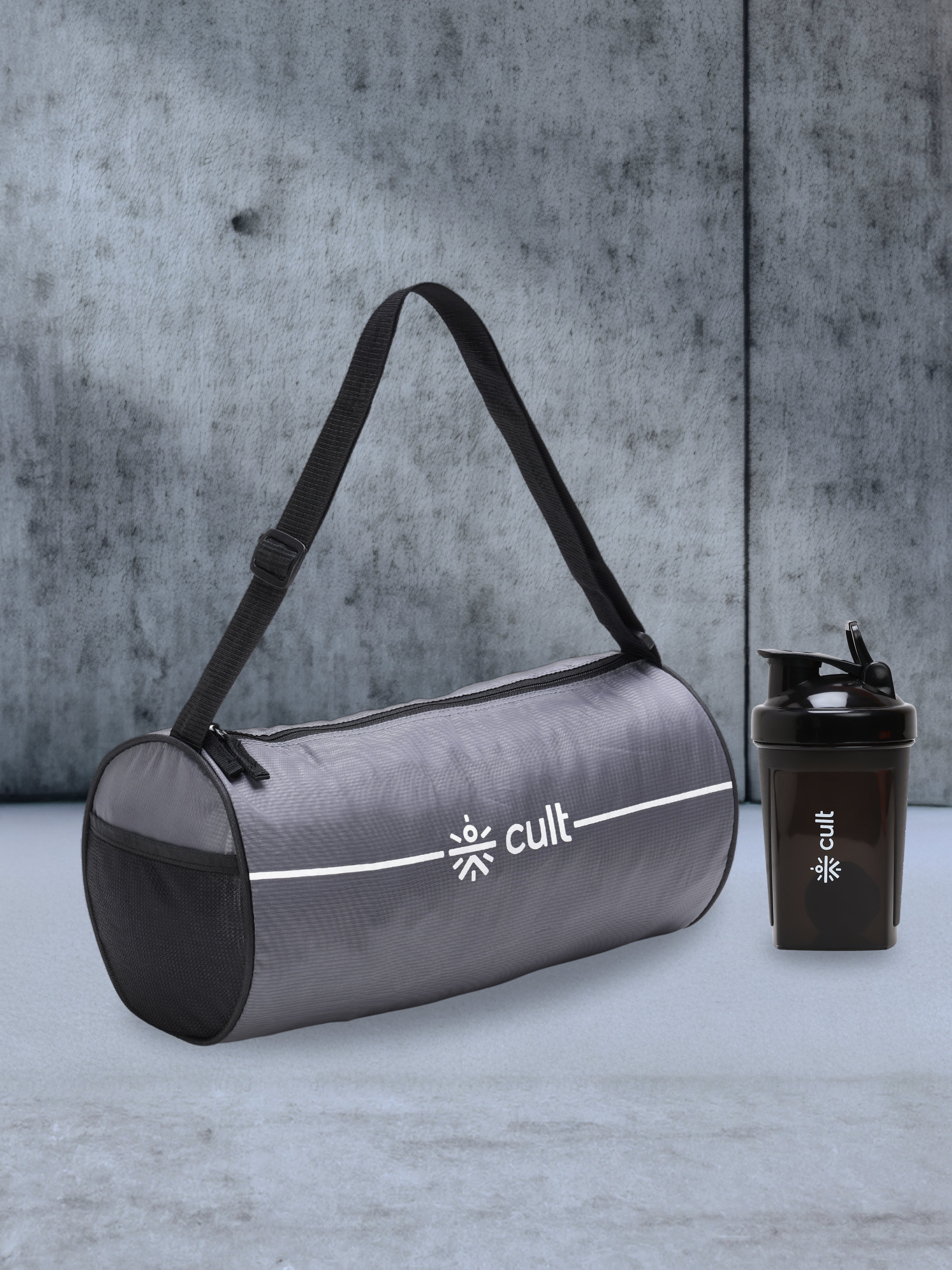 Compact 12L Gym Bag with Shoulder Strap Grey & 500ml Shaker Bottle with Mixer Ball Black
