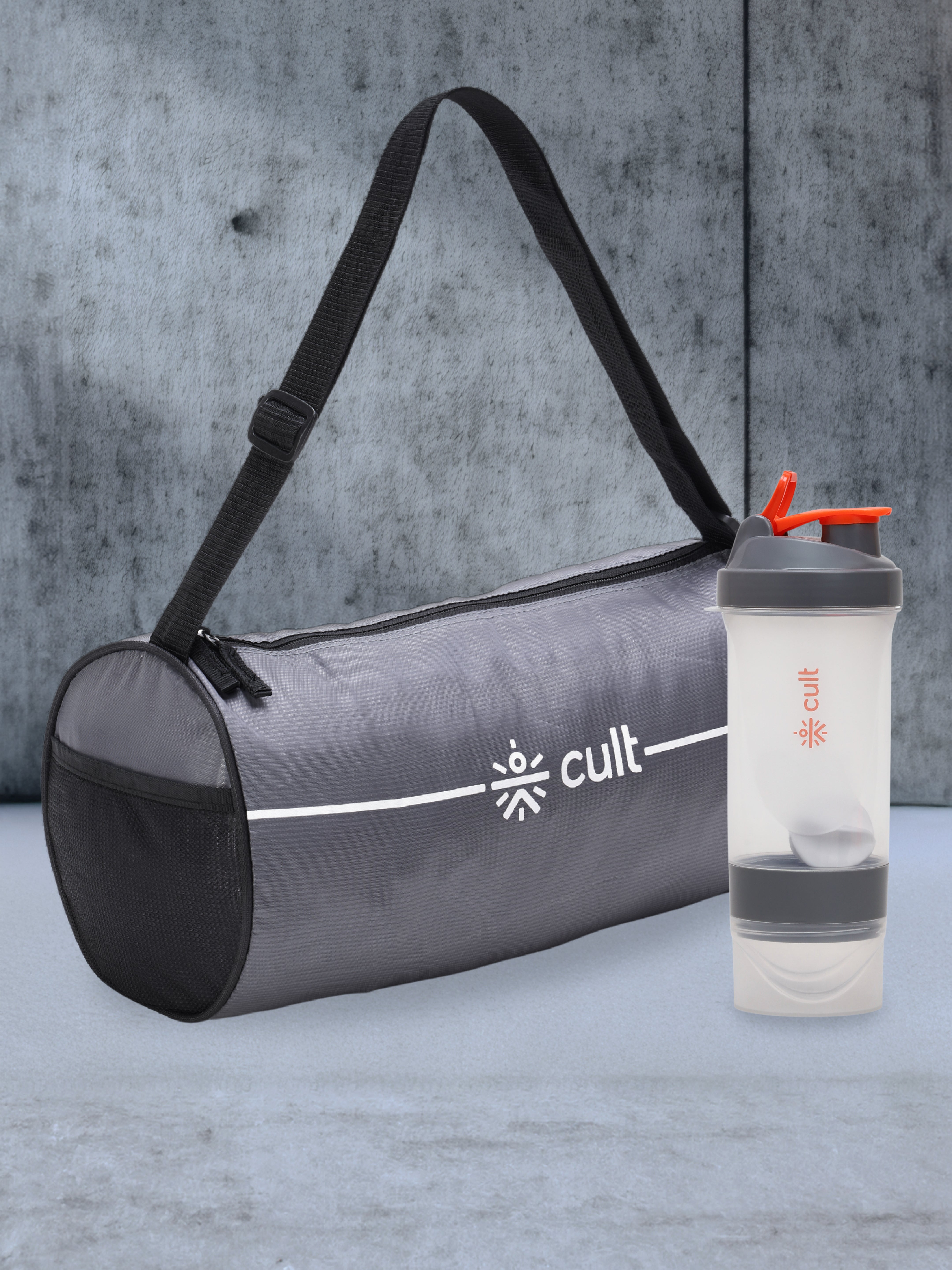 cult Combo Duffle Bag 12 L Grey with Shaker bottle  500 ml Grey Orange