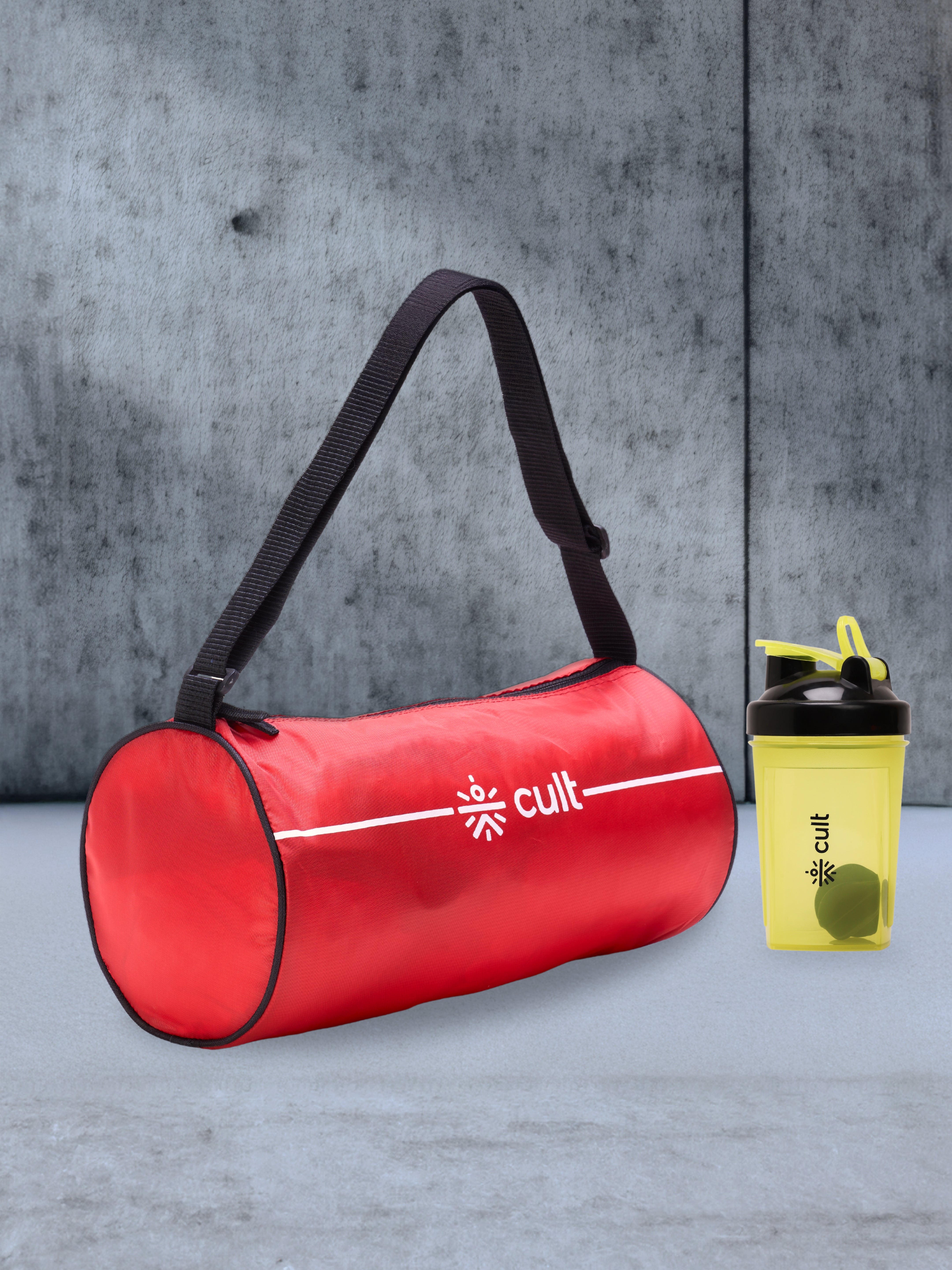 Compact 12L Gym Bag with Shoulder Strap Red & 500ml Shaker Bottle with Mixer Ball Yellow