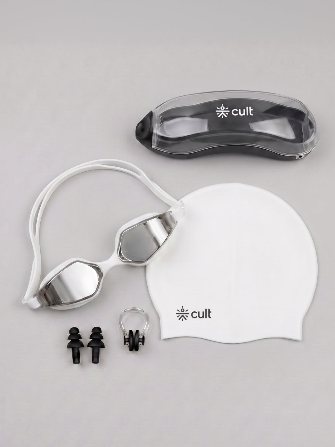 Cult Premium Swimming Kit, Anti-Fog Goggles, Silicone Swim Cap, Nose Clip, Ear Plugs & Premium Carry Box, White