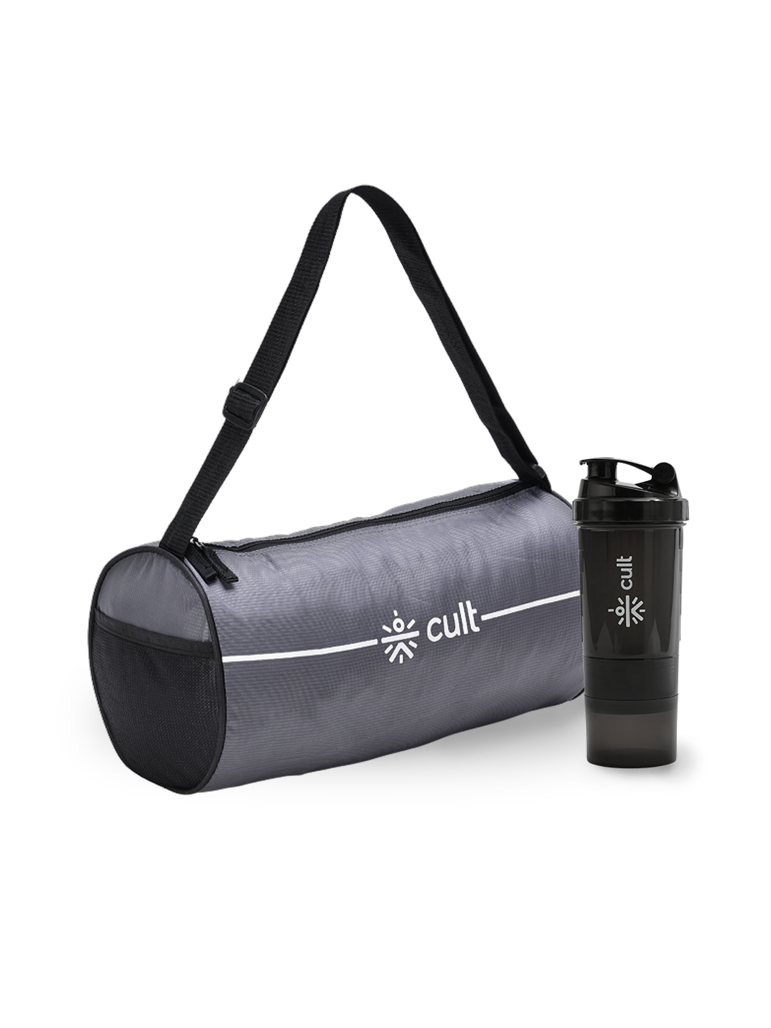Cult Gym Bag 12L Grey with Black Shaker Bottle 550ml Black