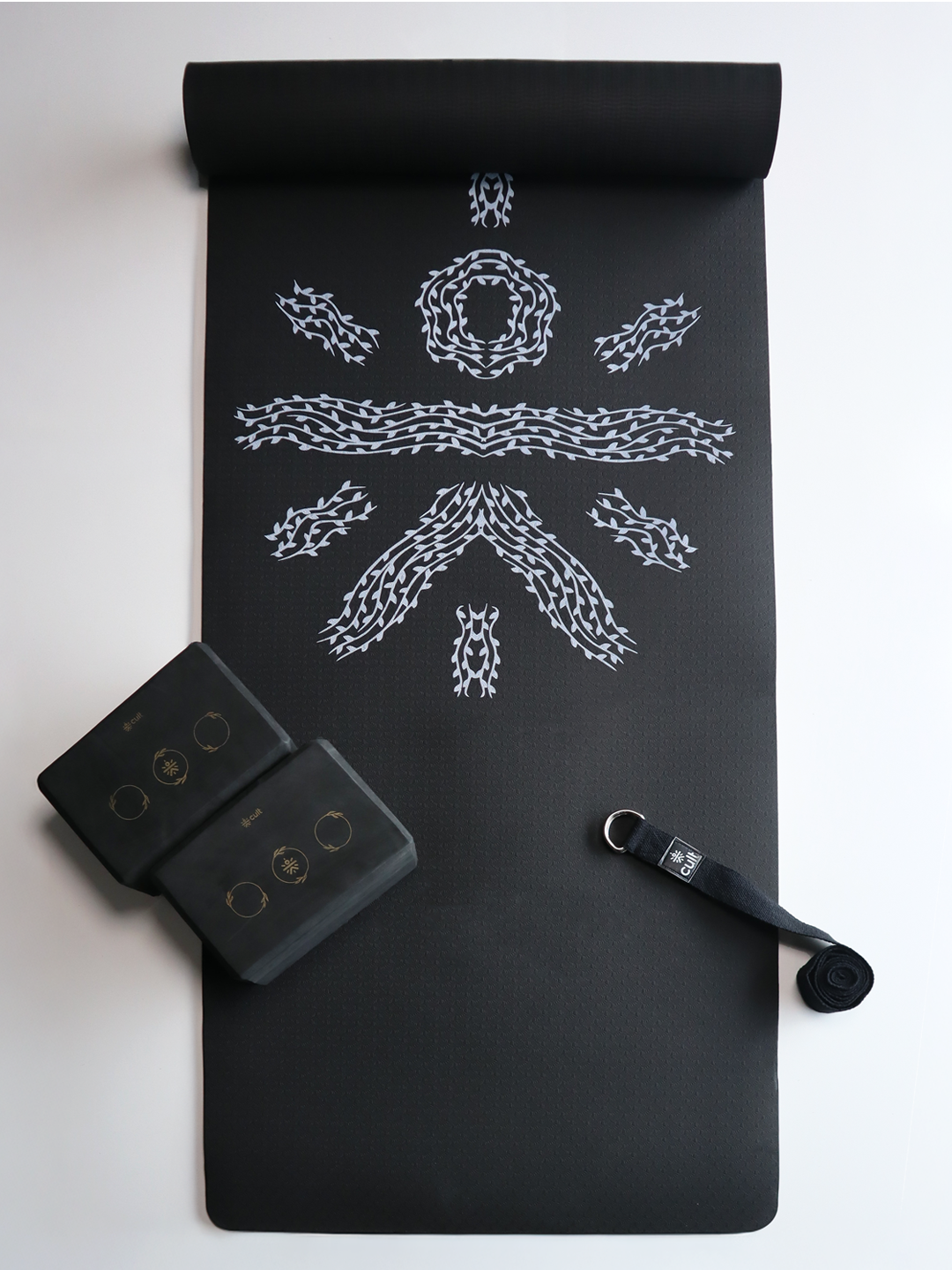 Cult Yoga Essentials Combo – Black (6mm TPE Mat + Pair of Knee Pad + Yoga Belt)