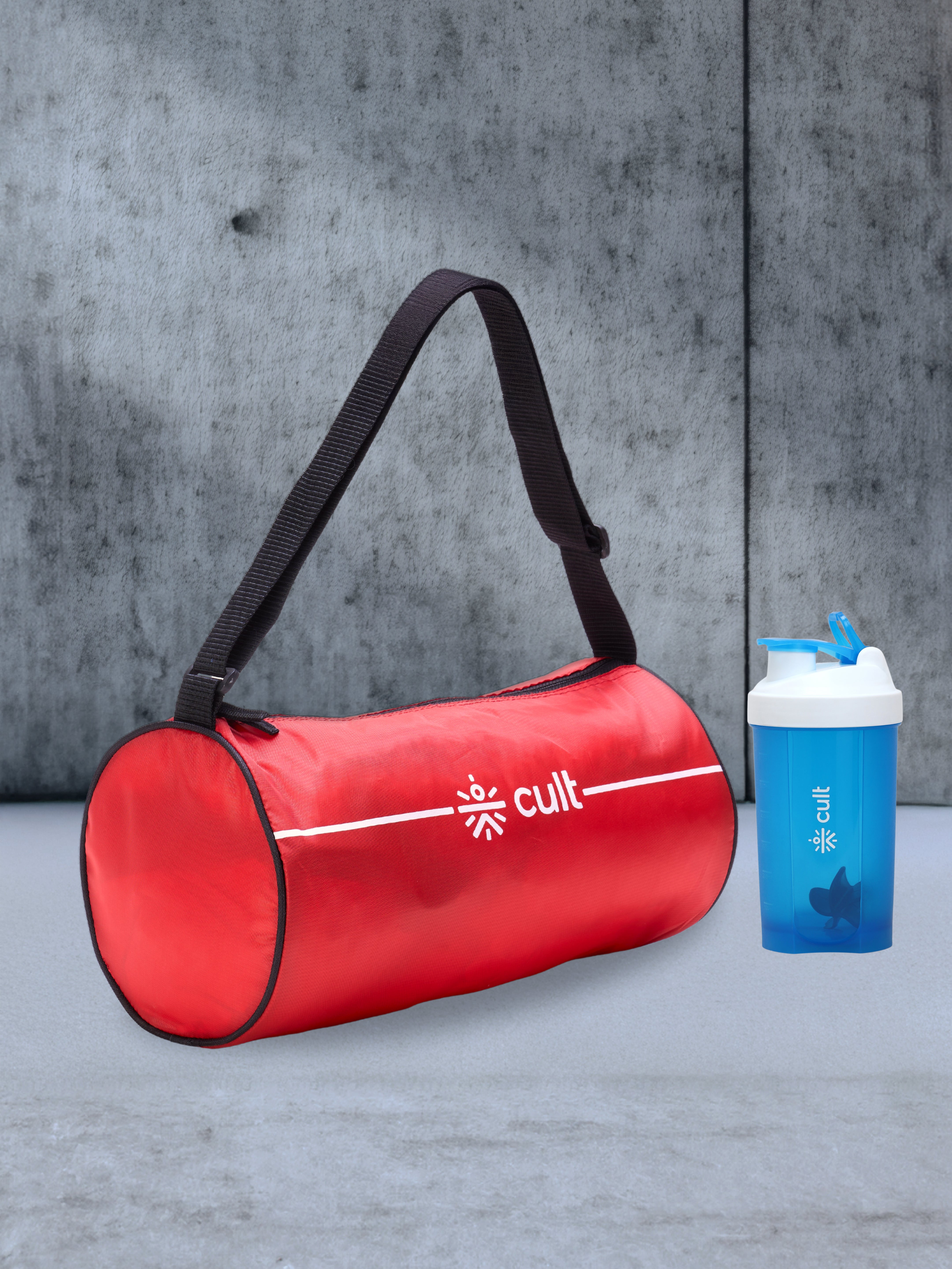Compact 12L Gym Bag with Shoulder Strap Red & 600ml Shaker Bottle with Mixer Ball Blue