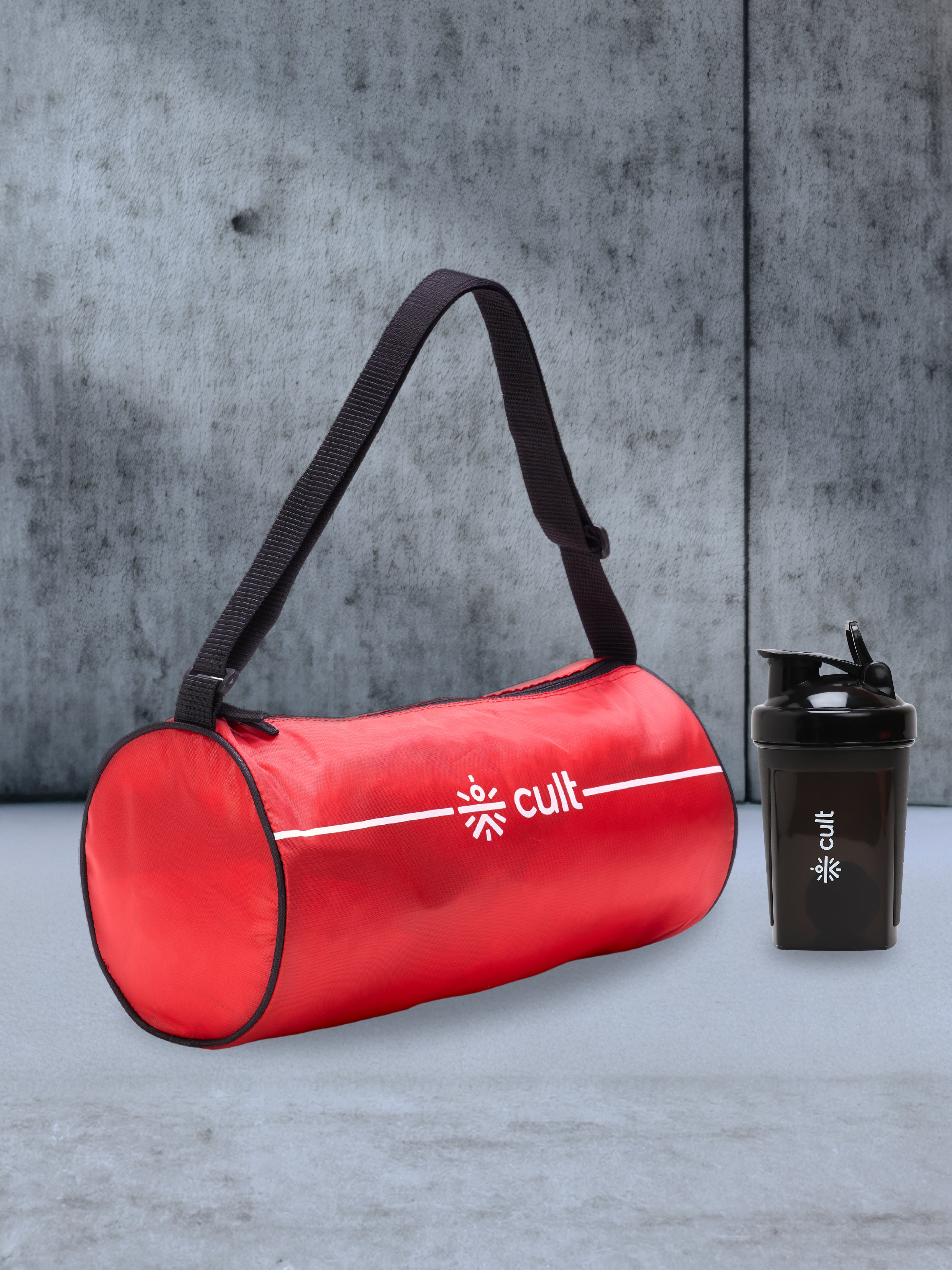 Compact 12L Gym Bag with Shoulder Strap Red & 500ml Shaker Bottle with Mixer Ball Black