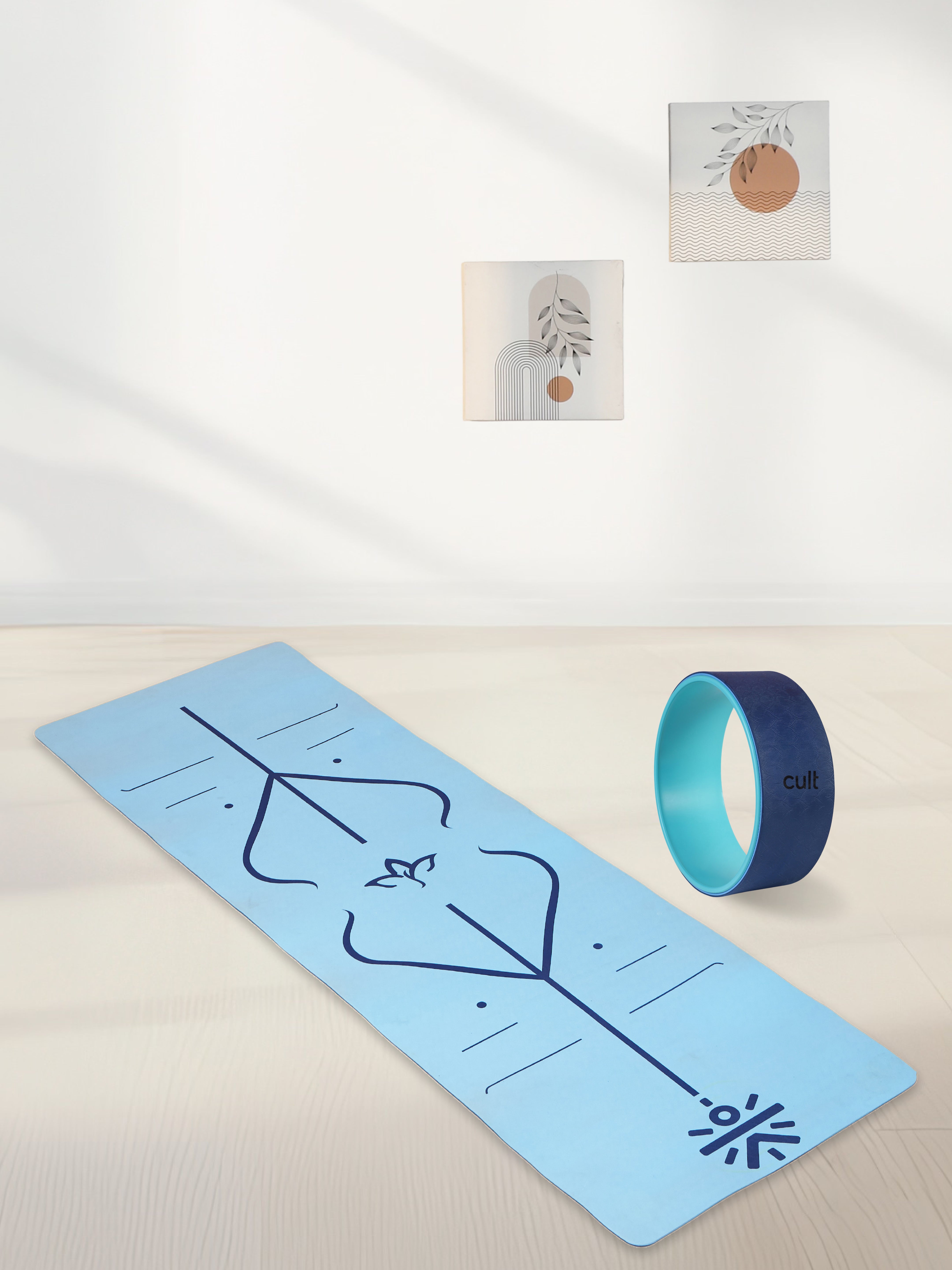 TPE Alignment Yoga Mat Blue 6mm with Carry Bag & Yoga Wheel Blue