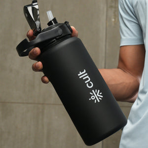 cult Motivational Bottle 2L Unisex Time Mark Sipper with Straw Black