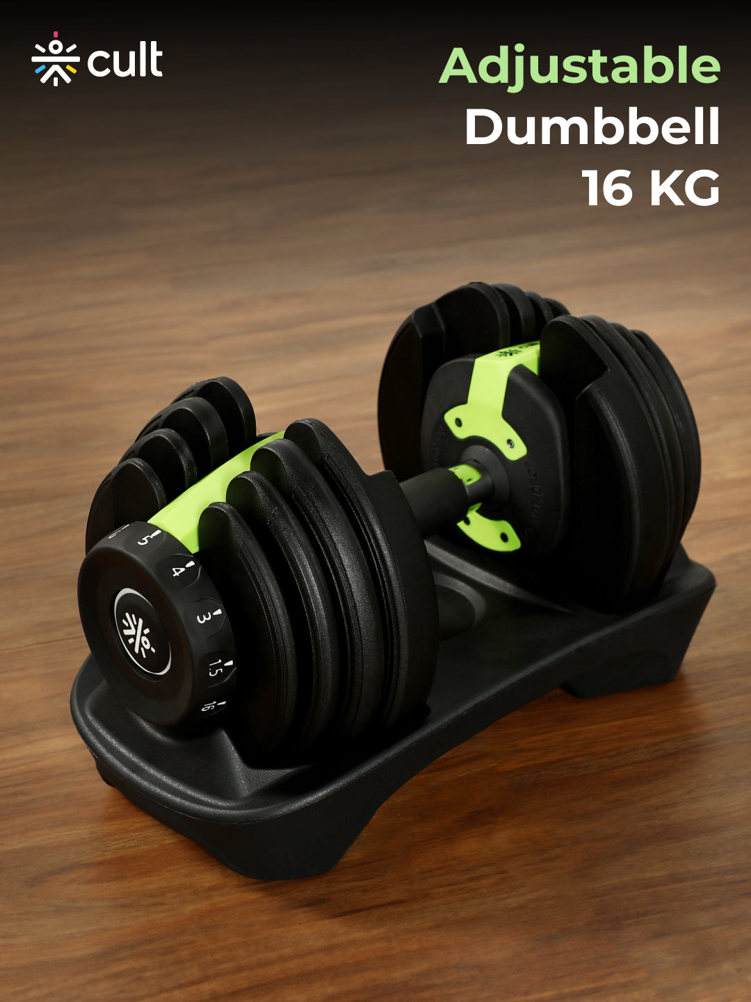 Cult 16kg Adjustable Dumbbell | 12 Weight Options (1.5kg-16kg) | Quick Weight Adjustment Dial | Non-Slip Compact Home Gym Dumbbell - Black
