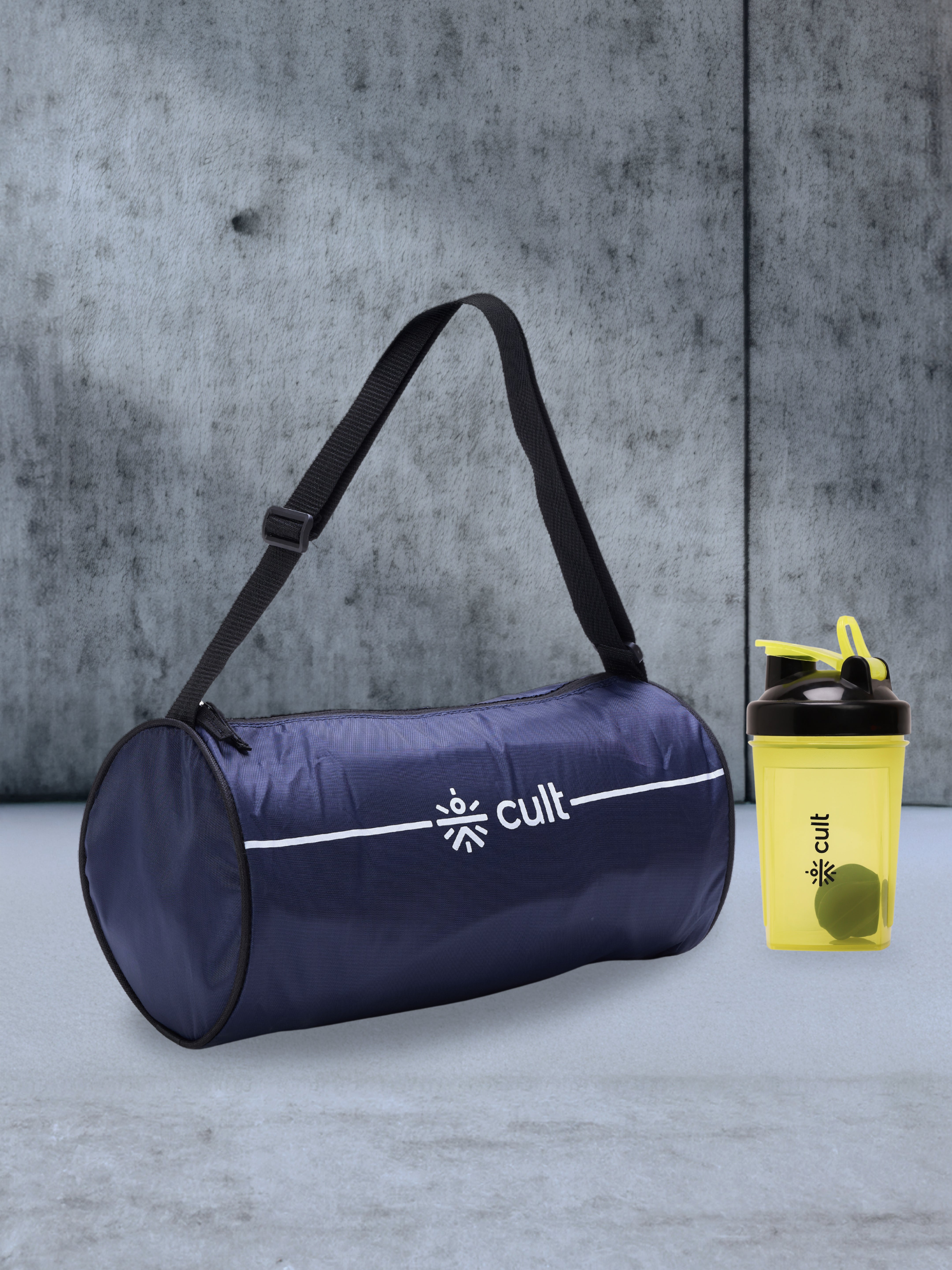 Compact 12L Gym Bag with Shoulder Strap Blue & 500ml Shaker Bottle with Mixer Ball Yellow