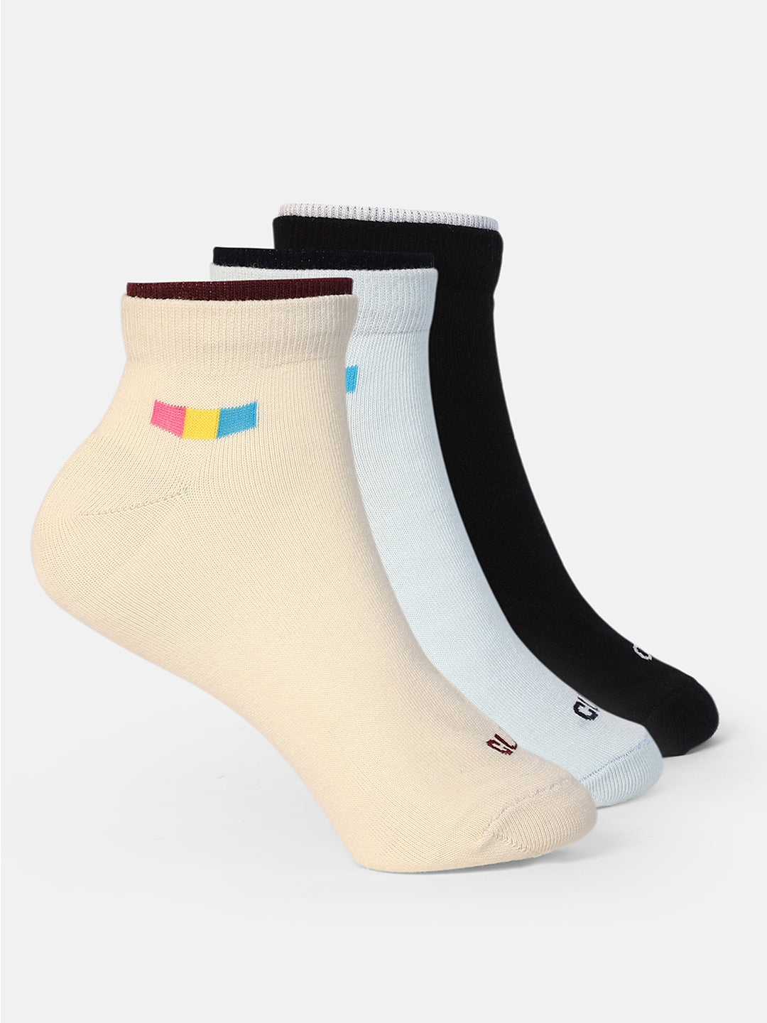 Casual Ankle Length Pack of 3 Cream,Powder Blue & Black Solid Women's Cotton Socks