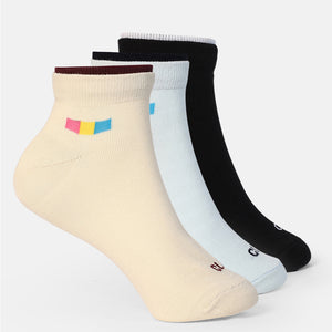 Casual Ankle Length Pack of 3 Cream,Powder Blue & Black Solid Women's Cotton Socks