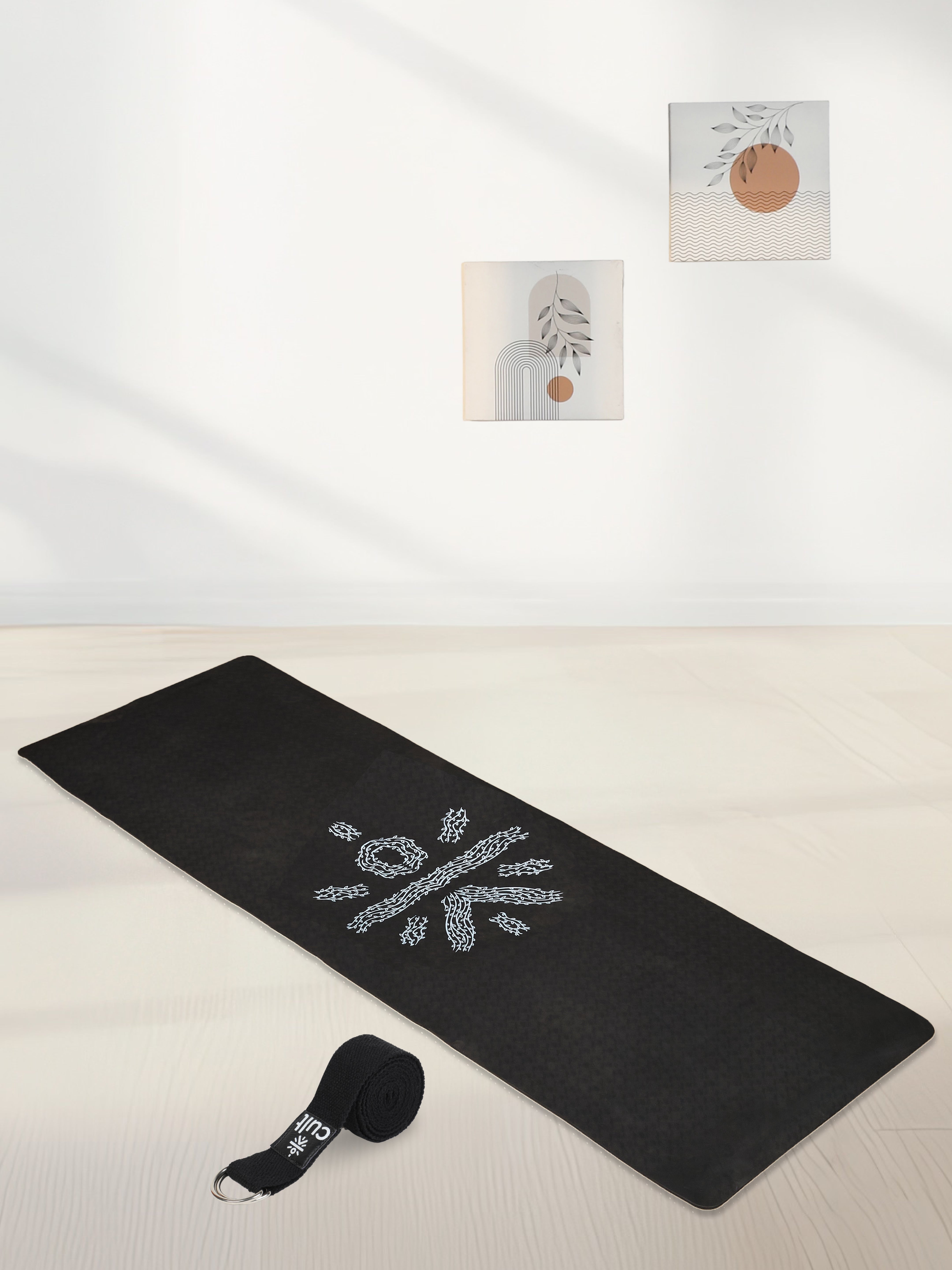 TPE 6mm Yoga Mat Black with Carry Bag & Yoga Belt Black