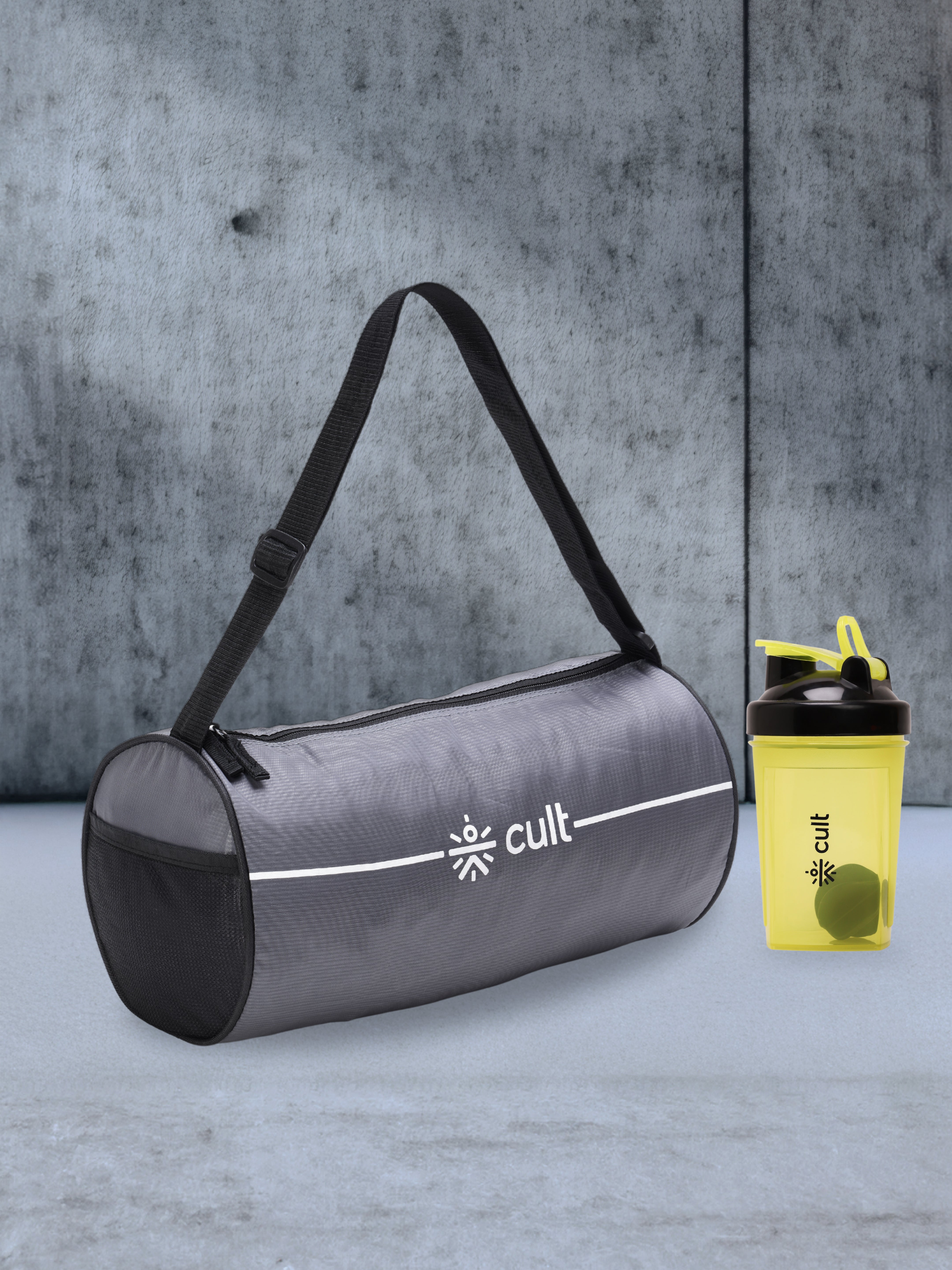 Compact 12L Gym Bag with Shoulder Strap Grey & 500ml Shaker Bottle with Mixer Ball Yellow