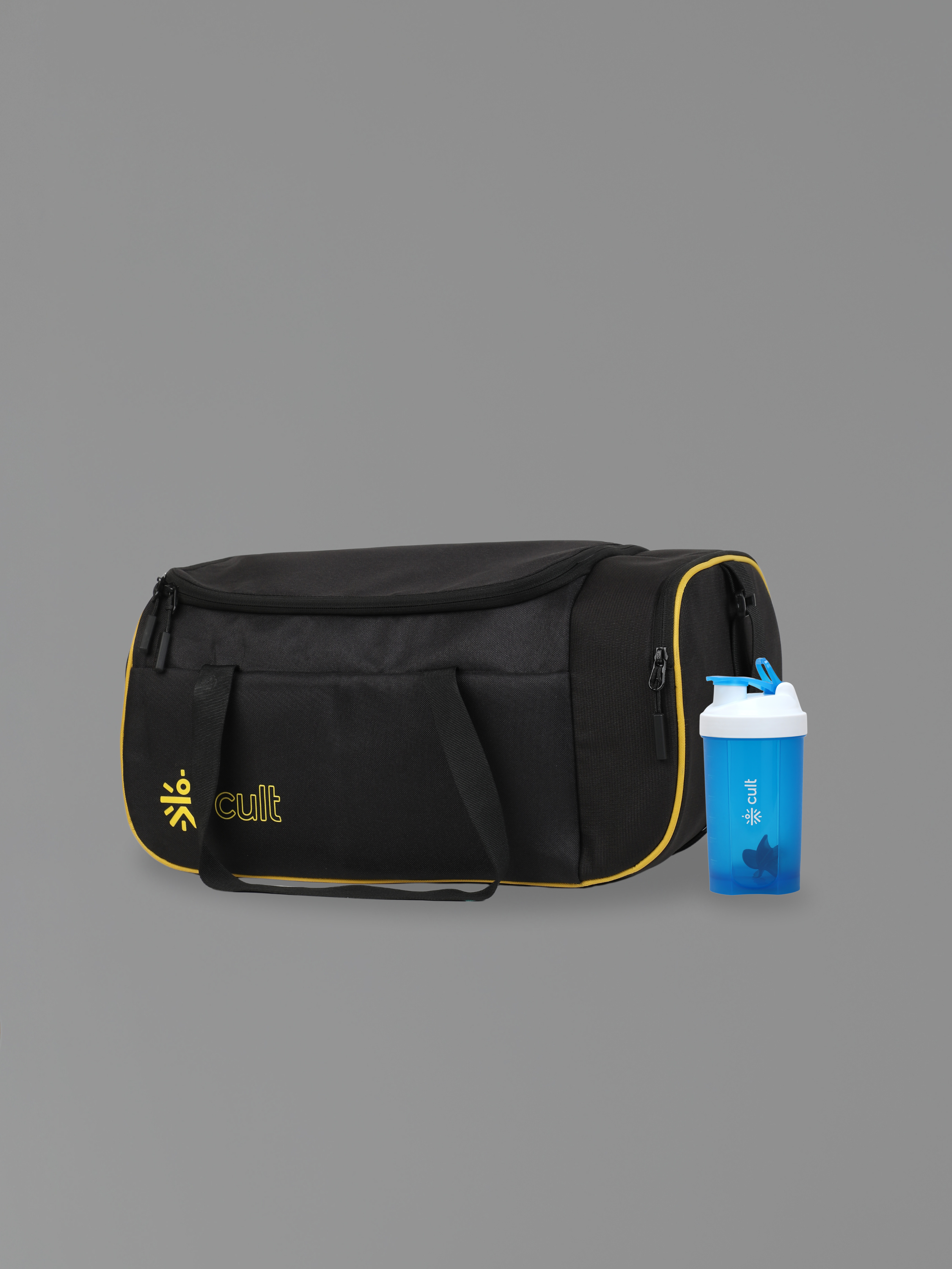 Compact 25L Duffle Bag with Shoulder Strap (Black) & 500ml Shaker Bottle with Mixer Ball (Blue)