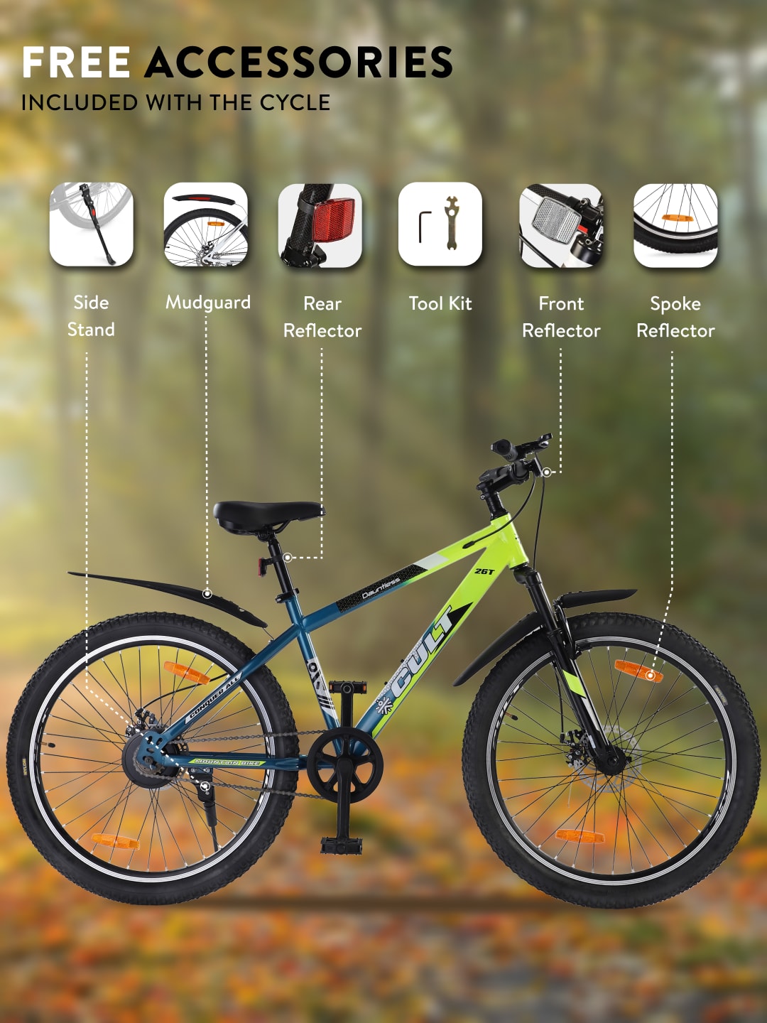 DAUNTLESS26TGREENBLUE Steel Single Speed 26 inch Mountain Cycle, Dual Disc Brake, Front Suspension, Double Wall Rim