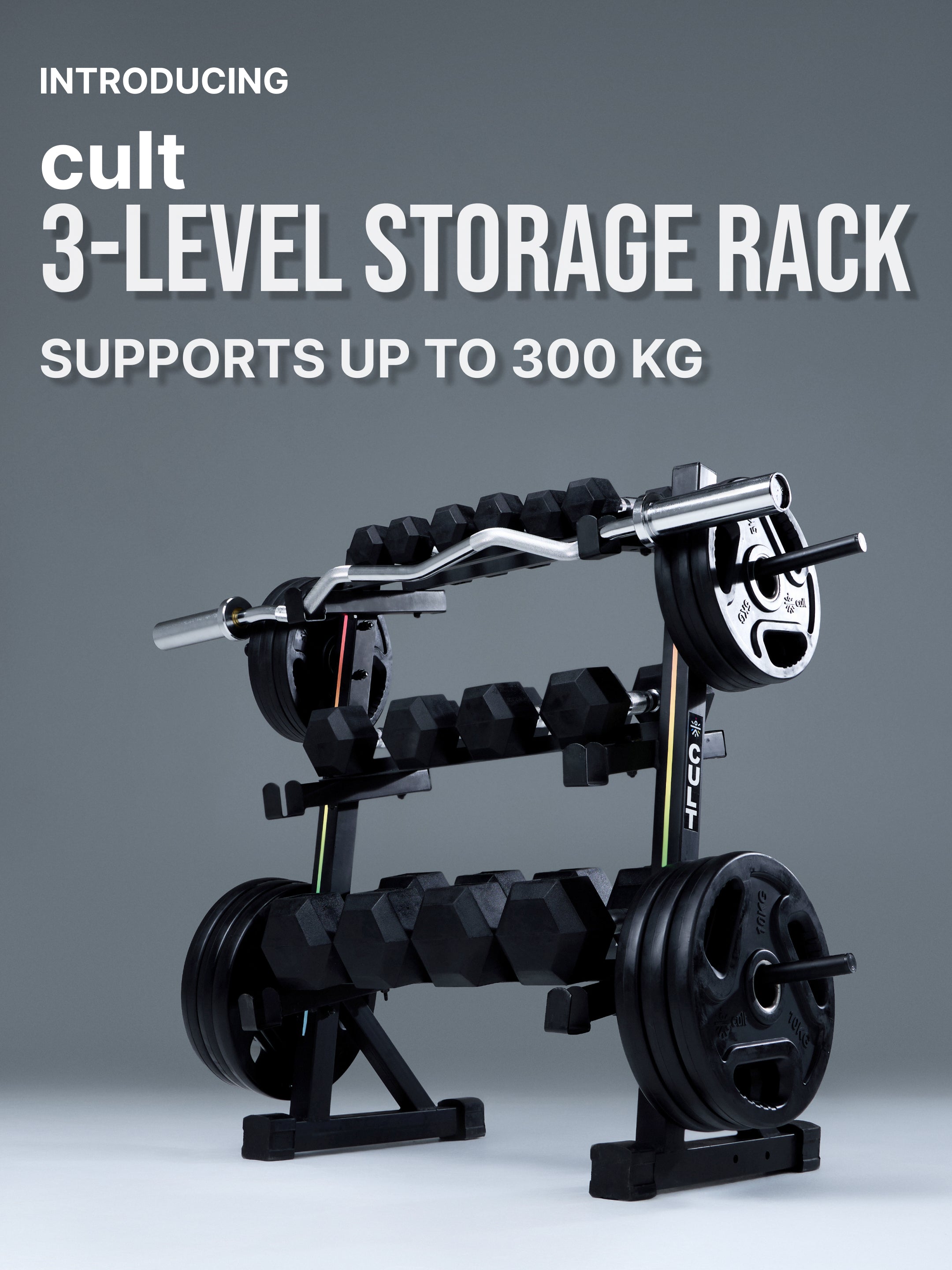 Cult 3 Level Storage Rack for weights (Rod, Plates & Dumbbell) | 300 Kg Max Load | Compact, Stable & Space-Efficient Design for home use (with 6 Months Extended Warranty)