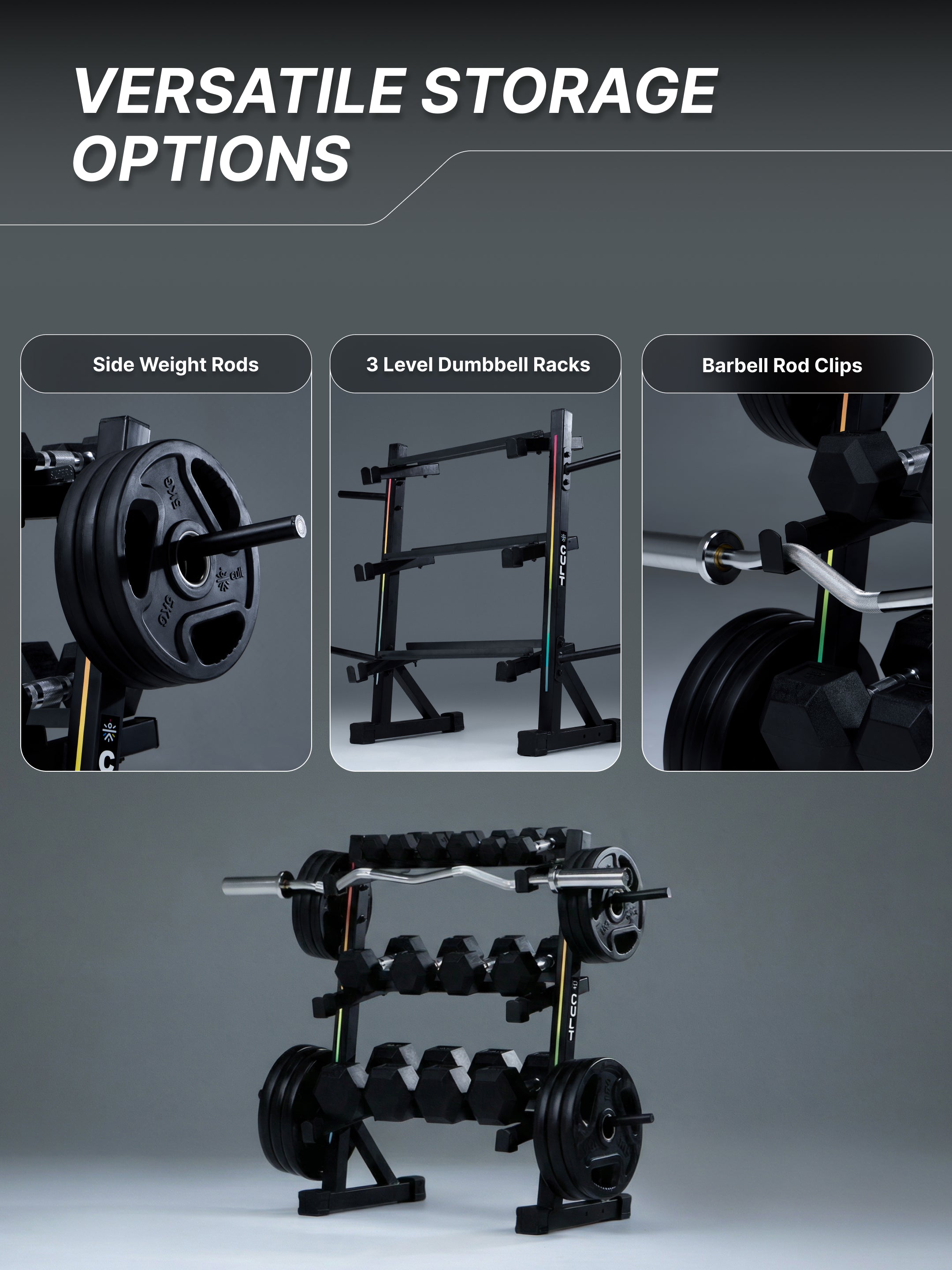 Cult 3 Level Storage Rack for weights (Rod, Plates & Dumbbell) | 300 Kg Max Load | Compact, Stable & Space-Efficient Design for home use (with 6 Months Extended Warranty)