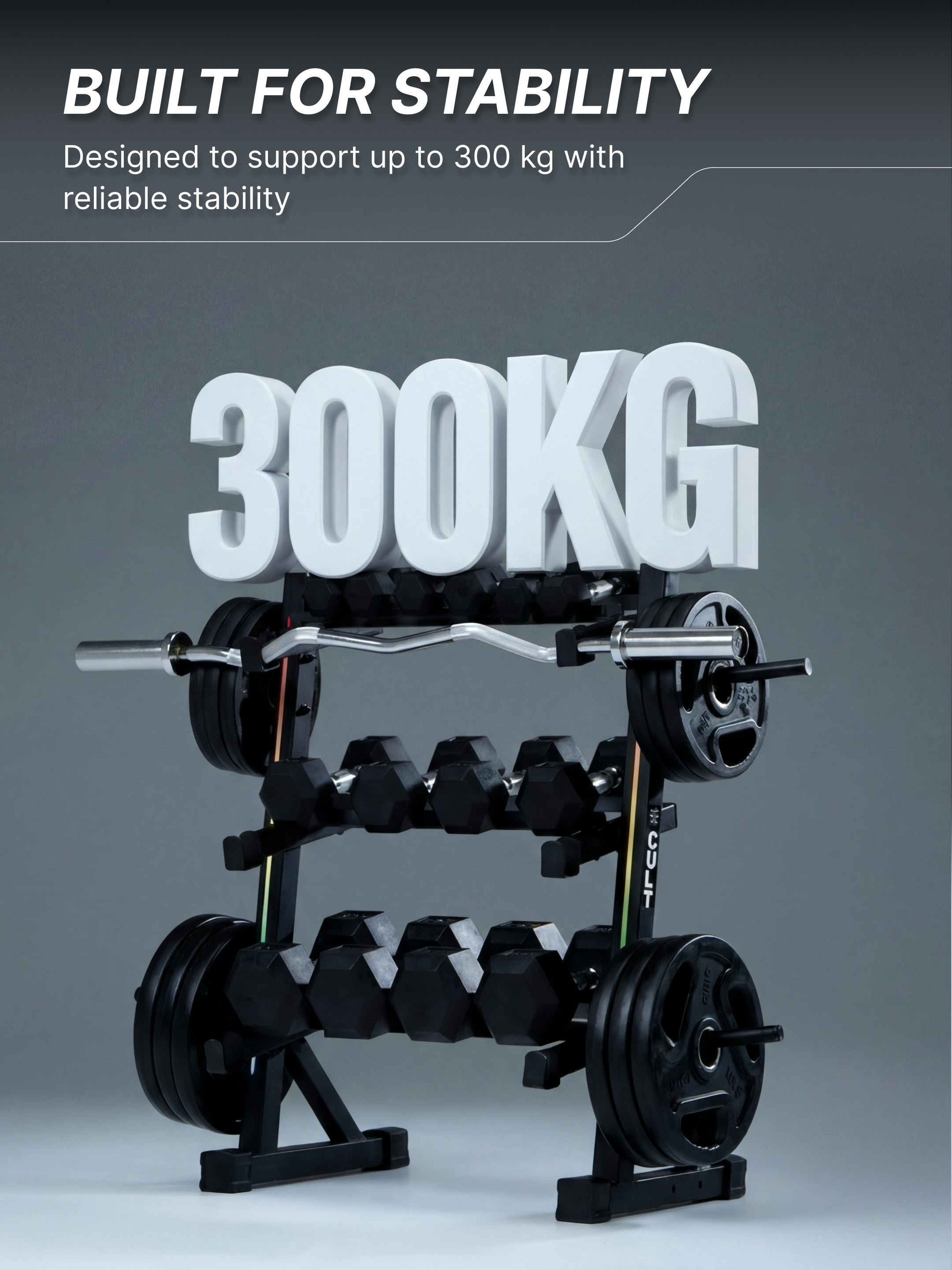 Cult 3 Level Storage Rack for weights (Rod, Plates & Dumbbell) | 300 Kg Max Load | Compact, Stable & Space-Efficient Design for home use (with 6 Months Extended Warranty)