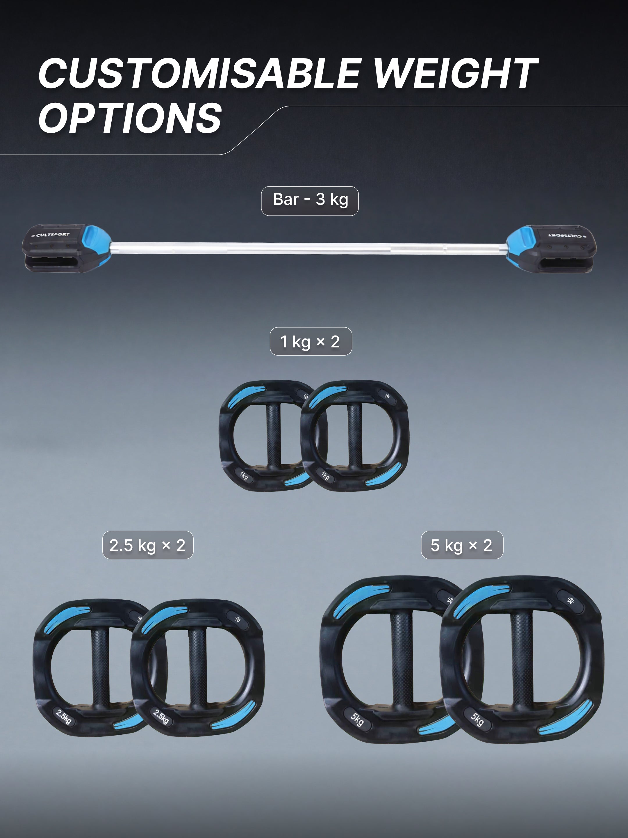 Cult Smartbar 20 Kg Adjustable Barbell with 3 pairs of Multi-grip weight plates, 2-in-1 use as free weights dumbbells & Barbell rod |  Perfect for Home Strength Training