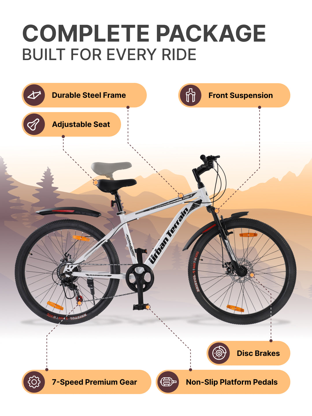 Galaxy Max Mountain Bike Steel 7 Speed Cycle 26 inch Tyre, White With Front Suspension, Single Wall Rim and Dual Disc Brakes Ideal For 5 ft to 5.7 ft