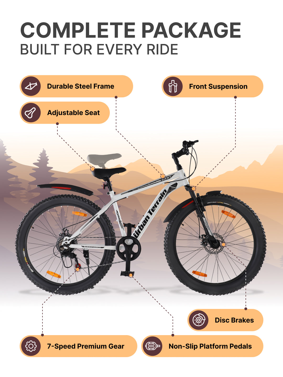 Galaxy Max Mountain Bike Steel 7 Speed Cycle 27.5 inch Tyre, White With Front Suspension, Single Wall Rim and Dual Disc Brakes Ideal For 5.2 ft to 6 ft