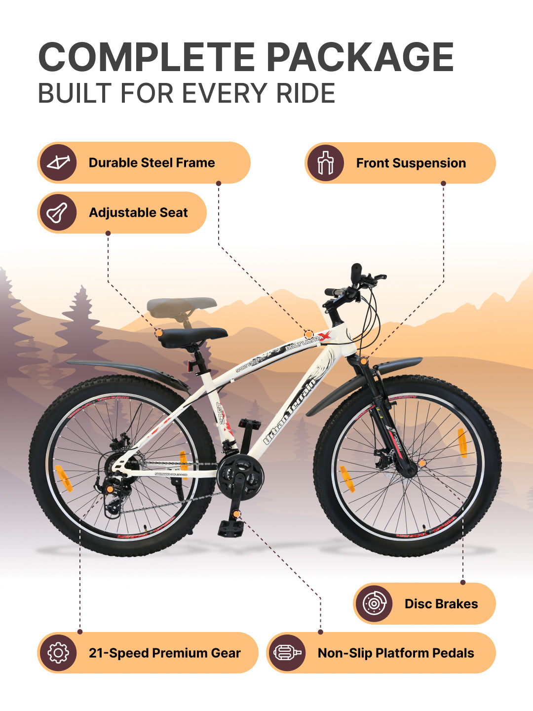 Bolt Ultra Mountain Bike Steel 21 Speed Cycle 27.5 inch Tyre, White With Front Suspension, Double Wall Rim and Dual Disc Brakes, Ideal For 5.2 ft to 6 ft