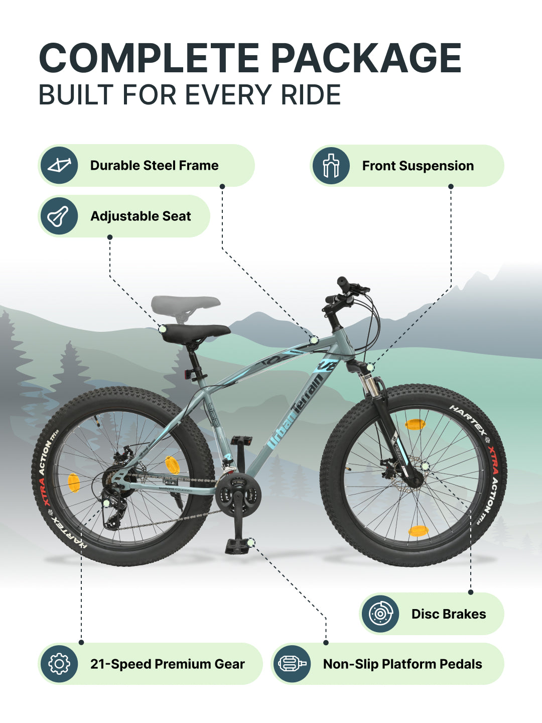 Rogue Mountain Bike Steel 21 Speed Cycle 26 inch Fat Tyre, Grey With Front Suspension, Single Wall Rim and Dual Disc Brakes, Ideal For 5 ft to 5.7 ft
