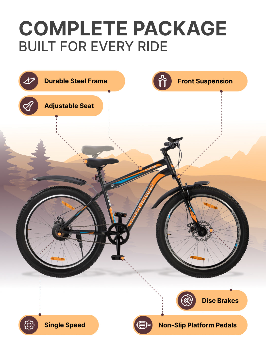 UT5001S26 Mountain Bike Steel Single Speed Cycle 26 inch Tyre, Dual Disc Brake, Front Suspension, Double Wall Alloy Rim, Black