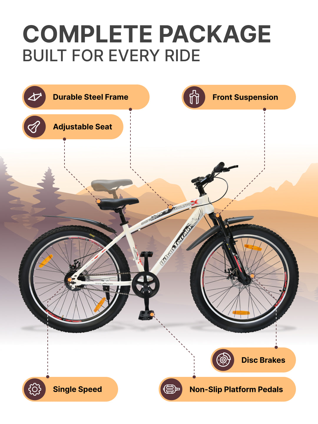 Bolt Pro Mountain Bike Steel Single Speed 27.5 inch Tyre with Dual Disc Brakes, Front Suspension, Double Wall Alloy Rim, White