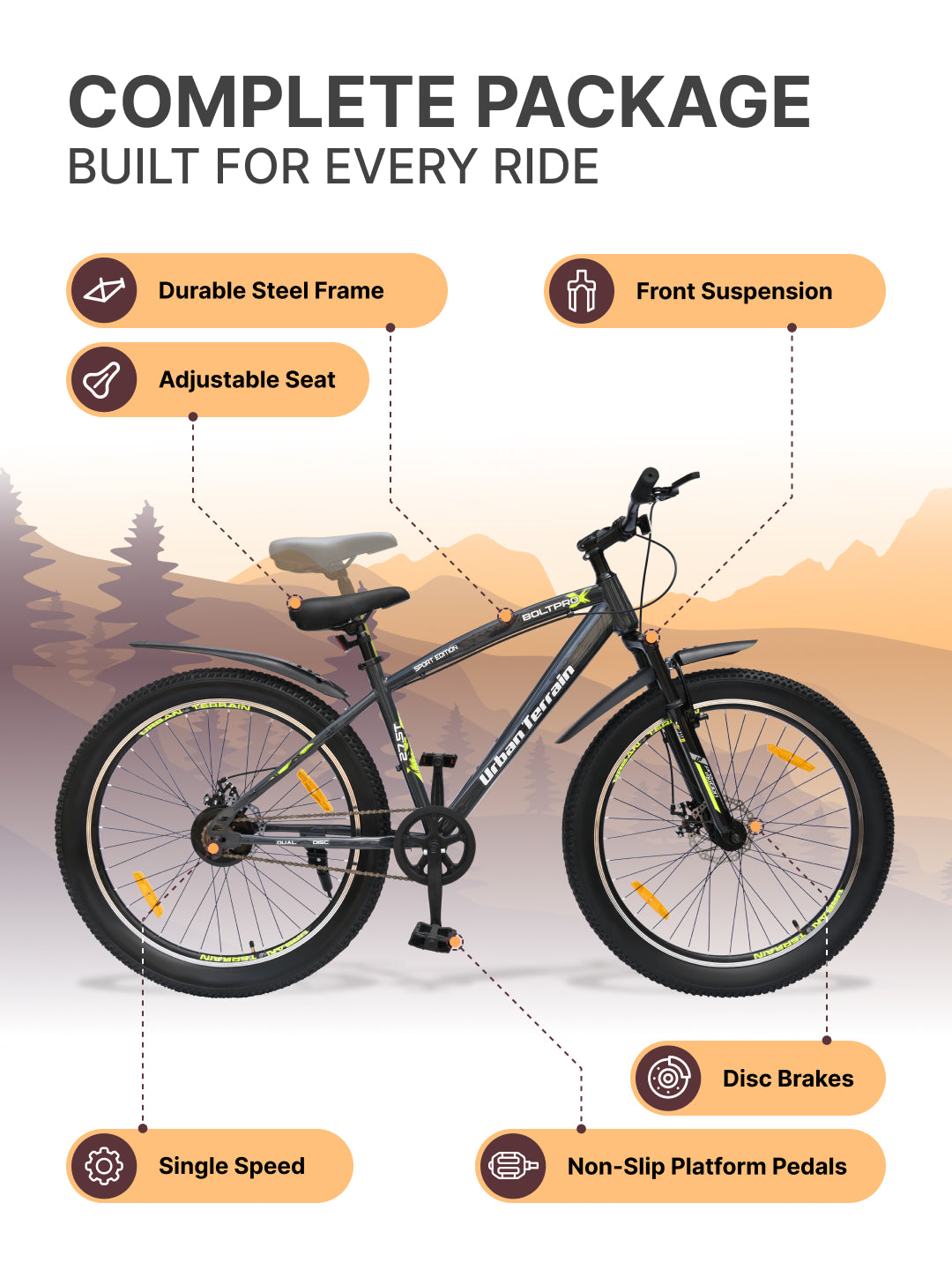 Bolt Pro Mountain Bike Steel Single Speed 27.5 inch Tyre with Dual Disc Brakes, Front Suspension, Double Wall Alloy Rim, Grey